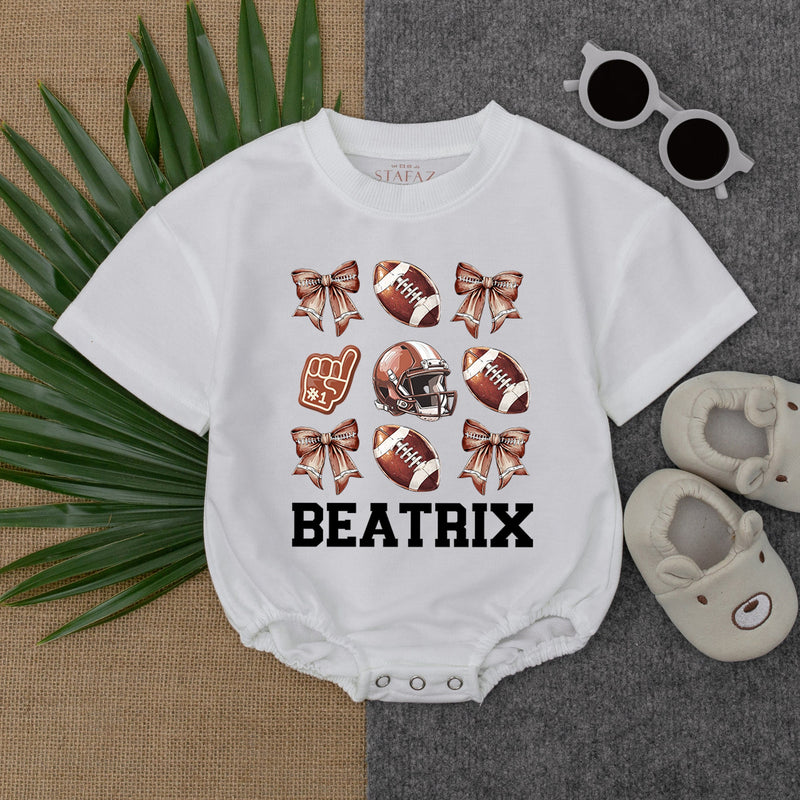 Custom Baby Romper Football Theme with Soft Pink Bows for Birthday Game Day Outfit Comfortable Cotton Newborn Toddler Clothes Personalized Beatrix