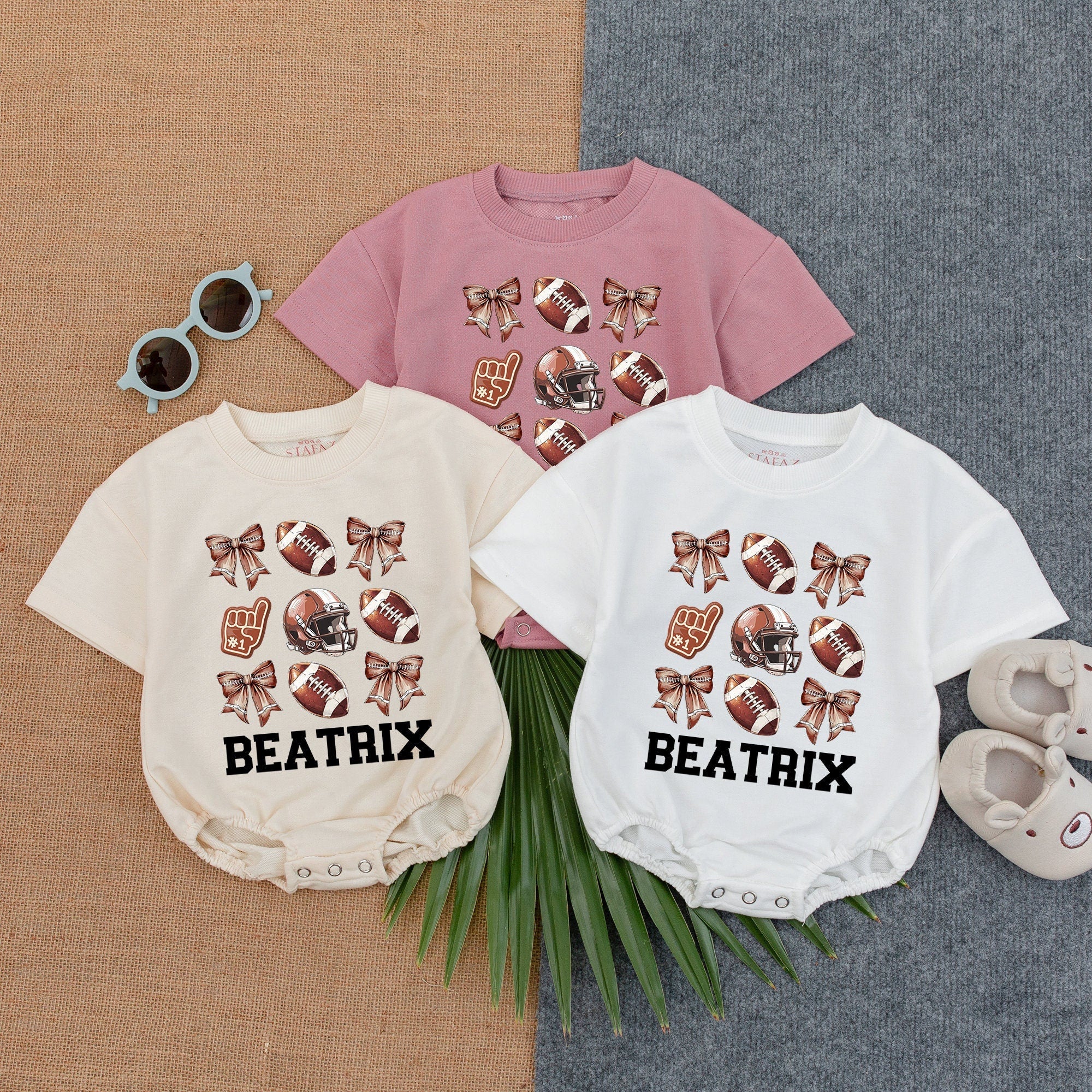Custom Baby Romper Football Theme with Soft Pink Bows for Birthday Game Day Outfit Comfortable Cotton Newborn Toddler Clothes Personalized Beatrix