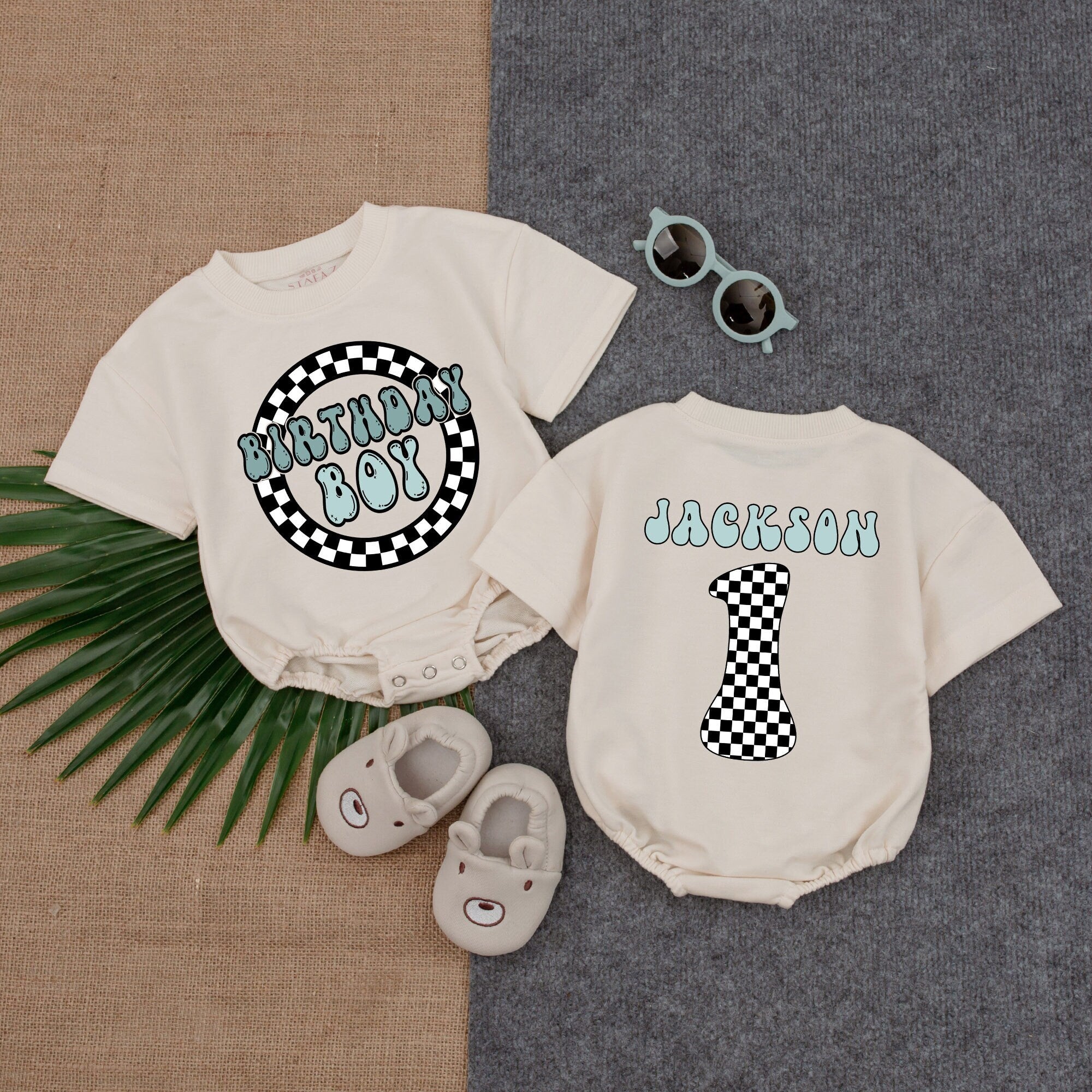 Personalized Birthday Boy Romper with Checkered Design