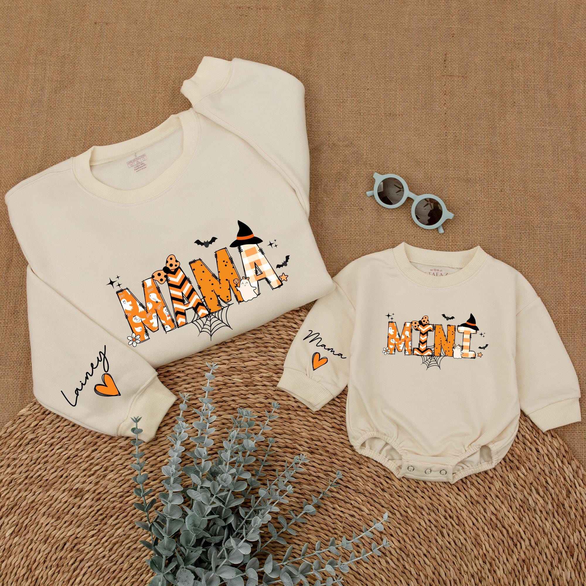 Custom Mama and Mini Halloween Sweatshirts Witch Hat Bats Stripes Polka Dots Soft Cotton Mommy and Me Matching Outfit Spooky Season Gift