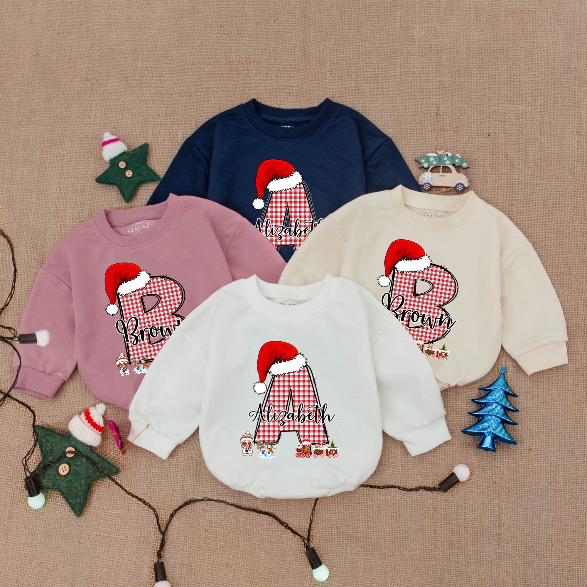 Custom Name My First Christmas Baby Bodysuit with Festive Letter A Plaid Pattern Santa Hat and Holly Perfect Holiday Baby Shower Gift