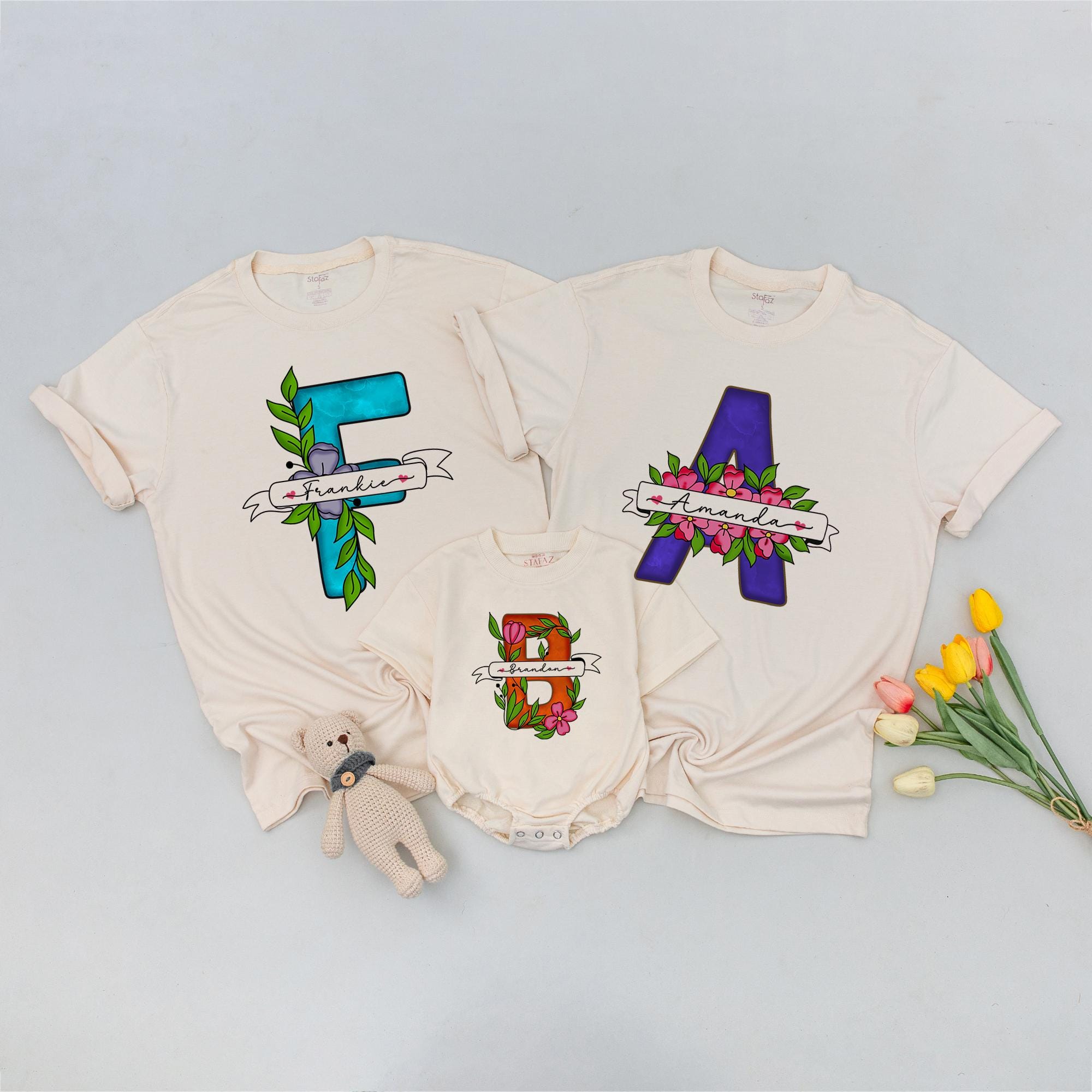 Custom Floral Letter Name T-Shirts for Family Vibrant Personalized Design Comfortable Cotton Matching Outfits Kids Adults Gift