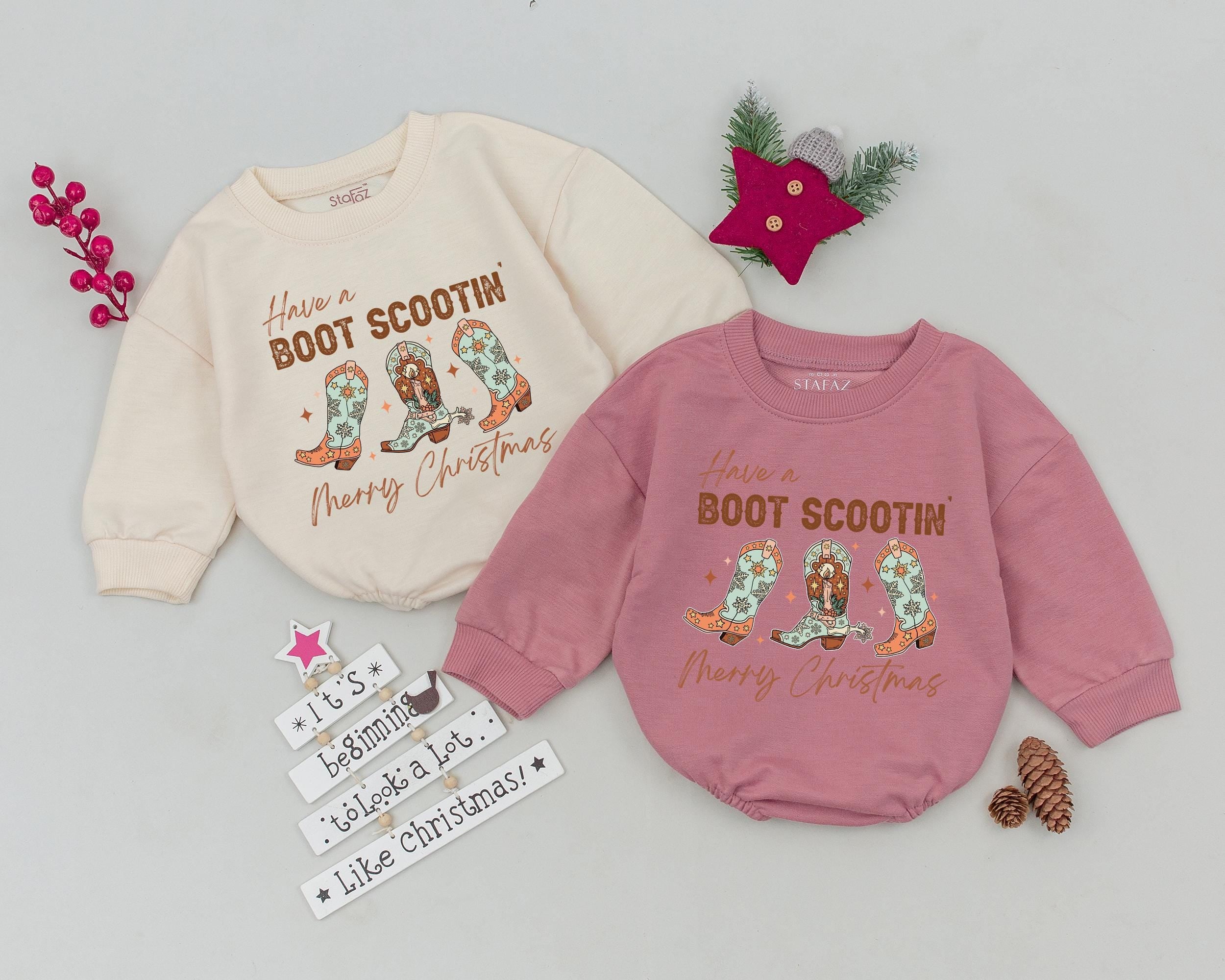 Baby's First Christmas Romper Boot Scootin' Holiday Outfit Western Cowgirl Style Newborn Gift Soft Cotton Teal Red Brown Boots