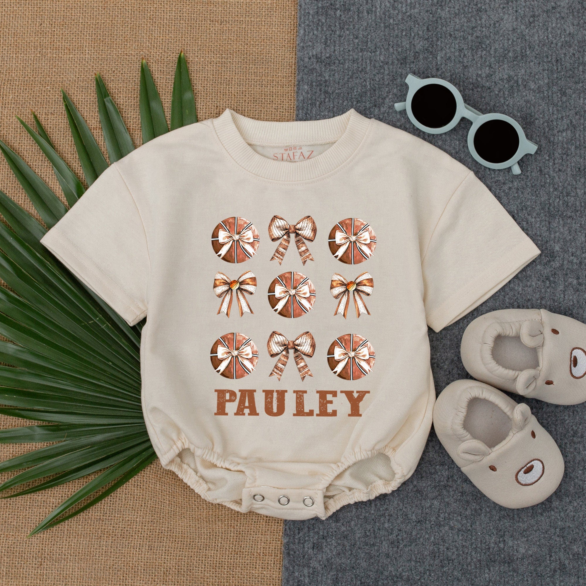 Custom Basketball Bow Bubble Romper for Baby Birthday Game Day Personalized Infant Outfit with Brown Orange Sporty Design