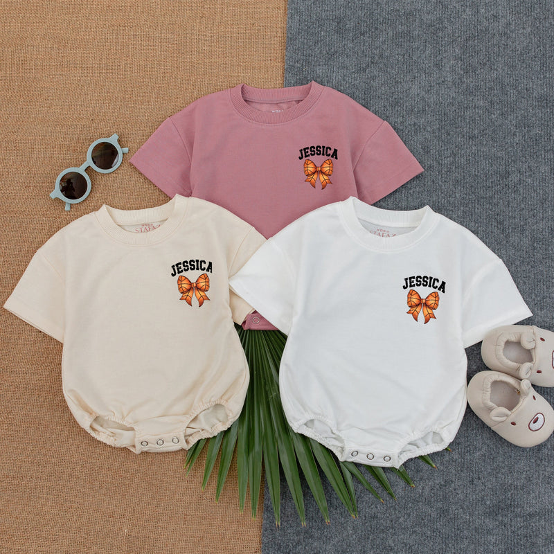 Personalized Basketball Game Day Baby Romper with Bow Sporty Custom Name Retro Style Infant Outfit Football Season Gift