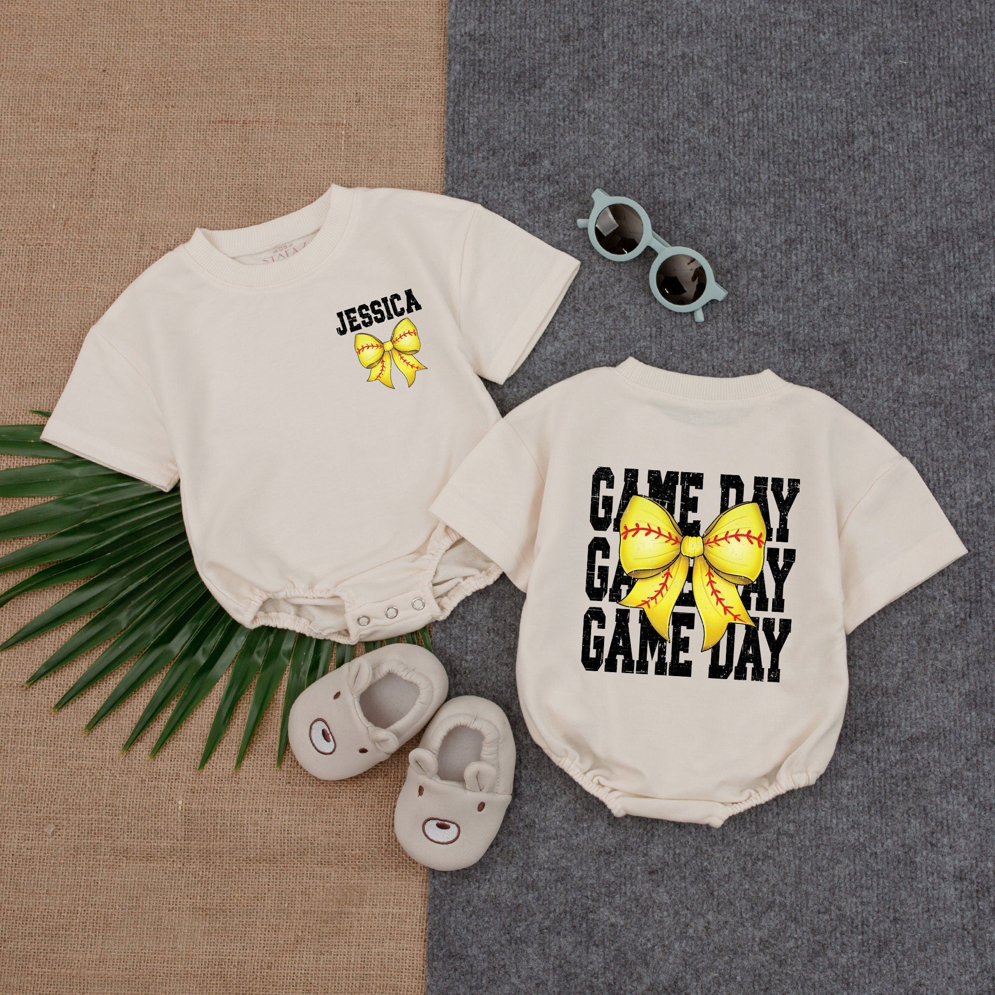 Personalized Softball Baby Romper with Yellow Bow Sporty Design for Game Day Fun Retro Vibes Infant Toddler Gift Cotton Comfortable