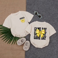 Personalized Softball Baby Romper with Yellow Bow Sporty Design for Game Day Fun Retro Vibes Infant Toddler Gift Cotton Comfortable