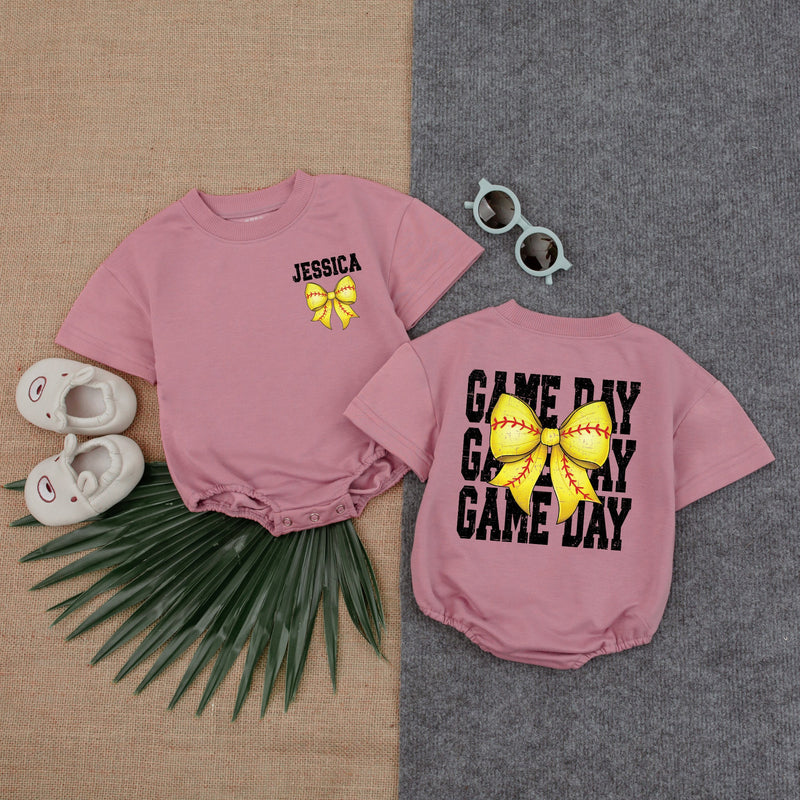 Personalized Softball Baby Romper with Yellow Bow Sporty Design for Game Day Fun Retro Vibes Infant Toddler Gift Cotton Comfortable