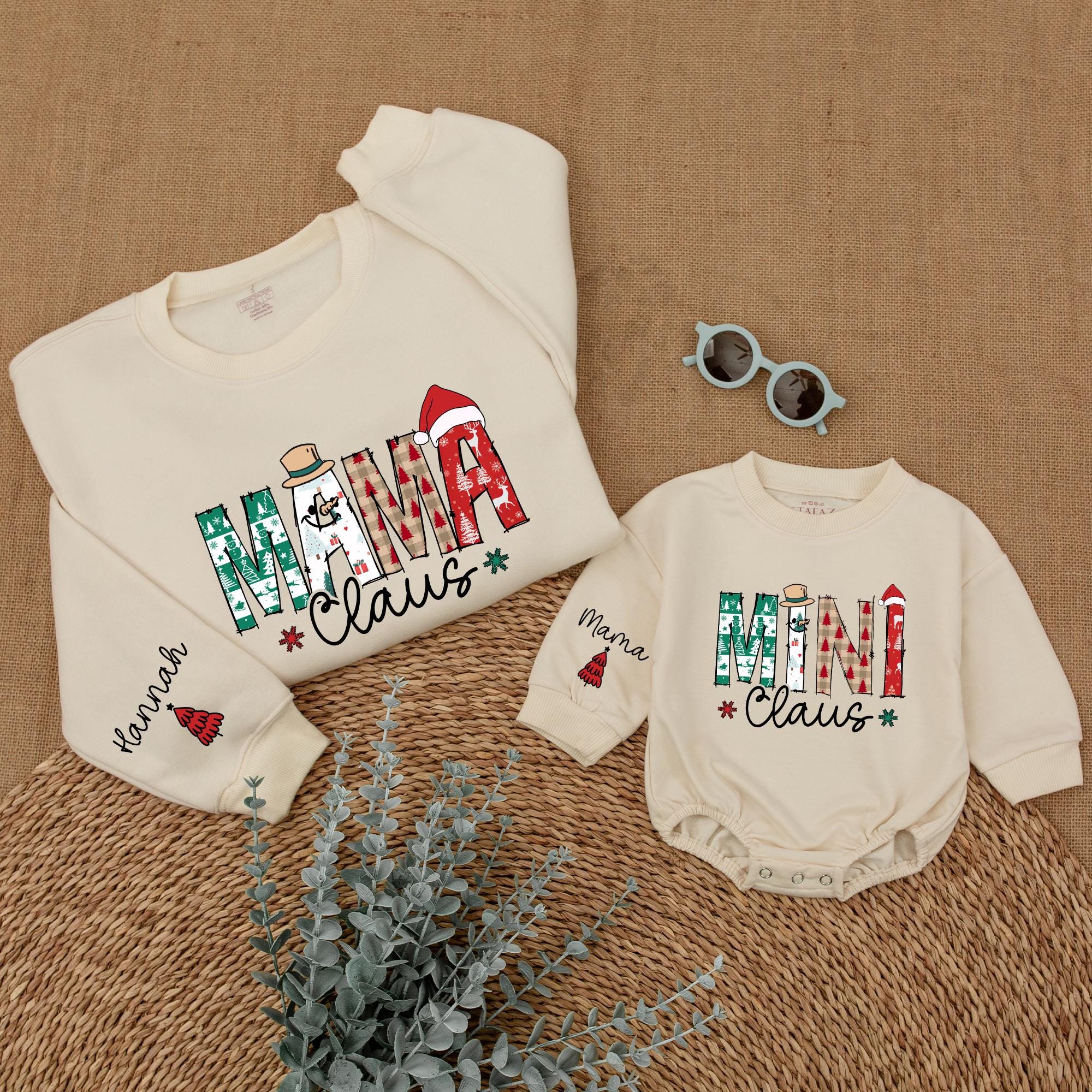 Custom Mama Claus and Mini Claus Sweatshirts with Festive Patterns Family Matching Christmas Outfit for Mom and Baby Holiday Fun