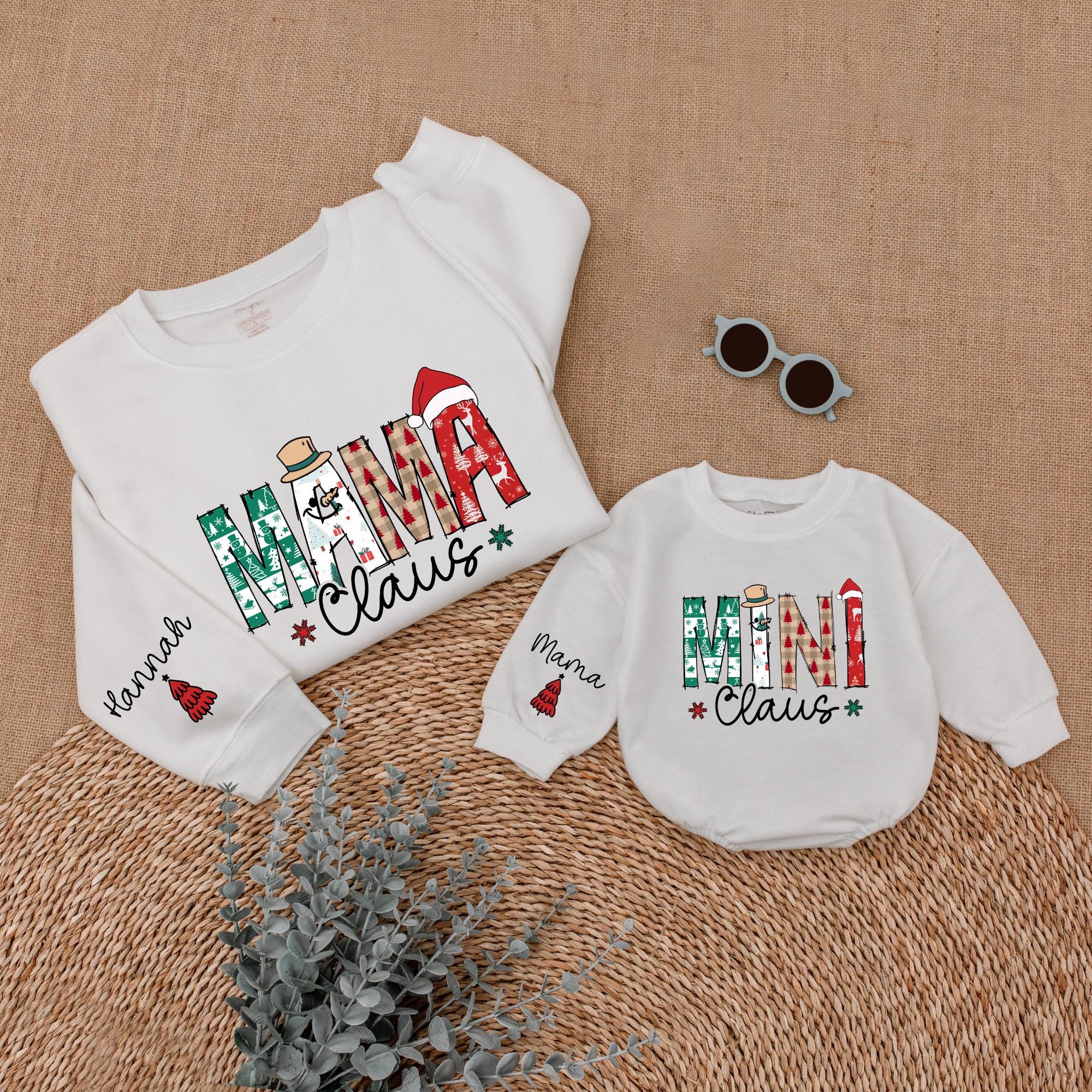 Custom Mama Claus and Mini Claus Sweatshirts with Festive Patterns Family Matching Christmas Outfit for Mom and Baby Holiday Fun