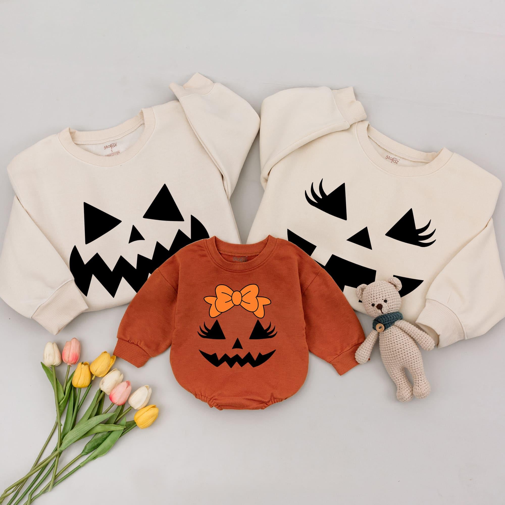 Matching Family Halloween Sweatshirts Pumpkin Faces with Bow Toddler Girl Boy Mom Dad Party Outfit Cozy Cotton Customized Names
