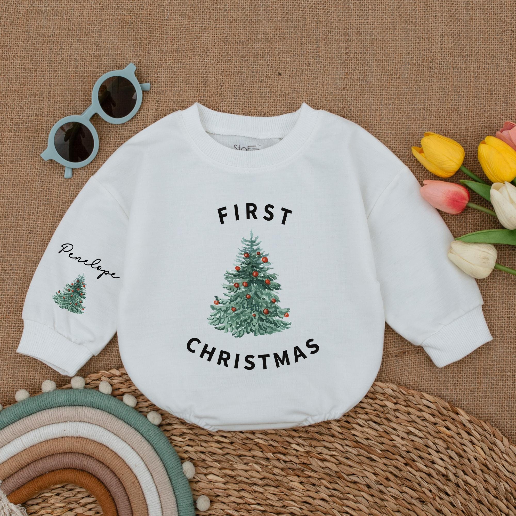 Personalized First Christmas Baby Romper with Red Ornament Tree Soft Cotton Infant Bodysuit Holiday Outfit Custom Name Winter Clothes