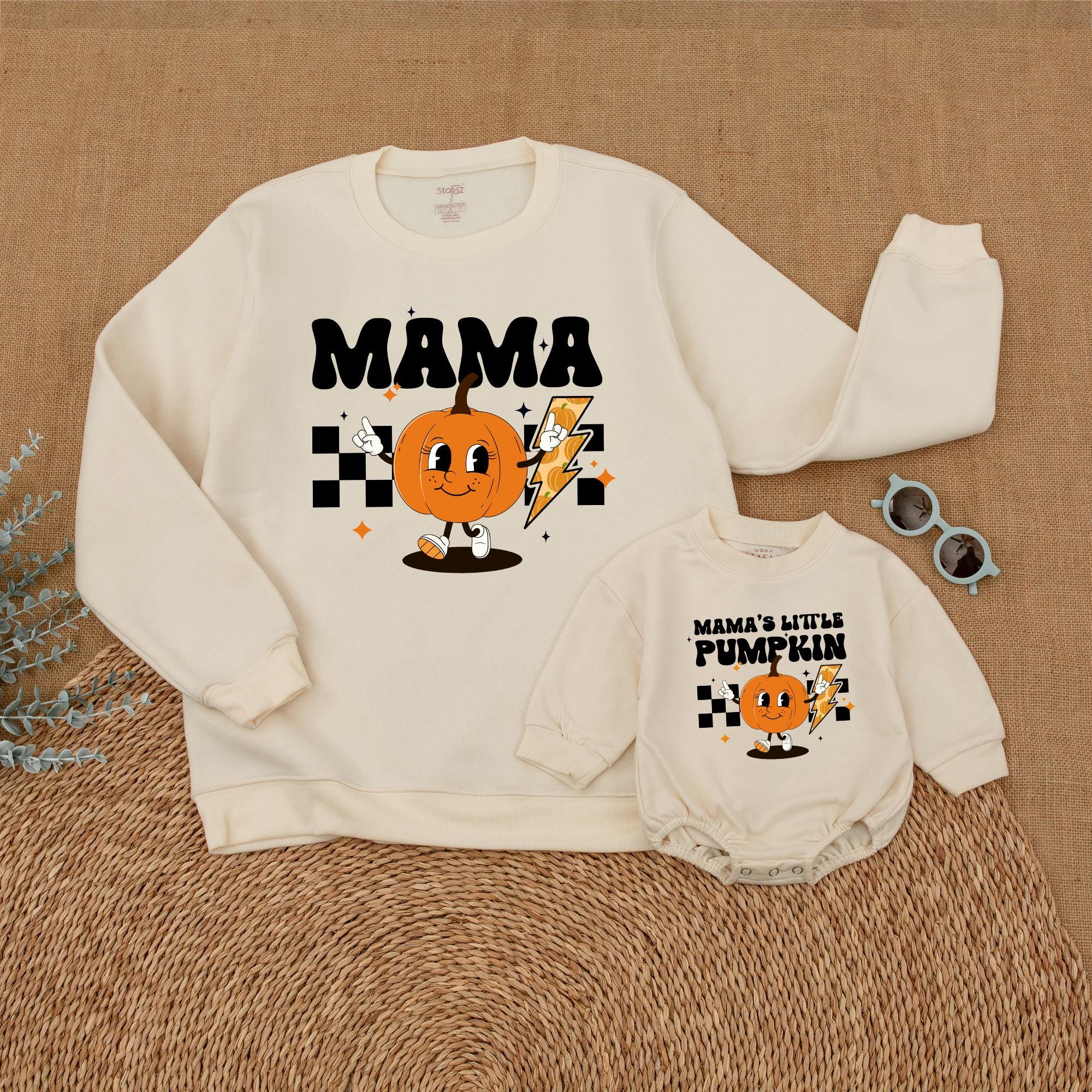Mama and Me Pumpkin Sweatshirts Matching Fall Outfits Cotton Baby Thanksgiving Romper Cheerful Design Personalized Family Gift