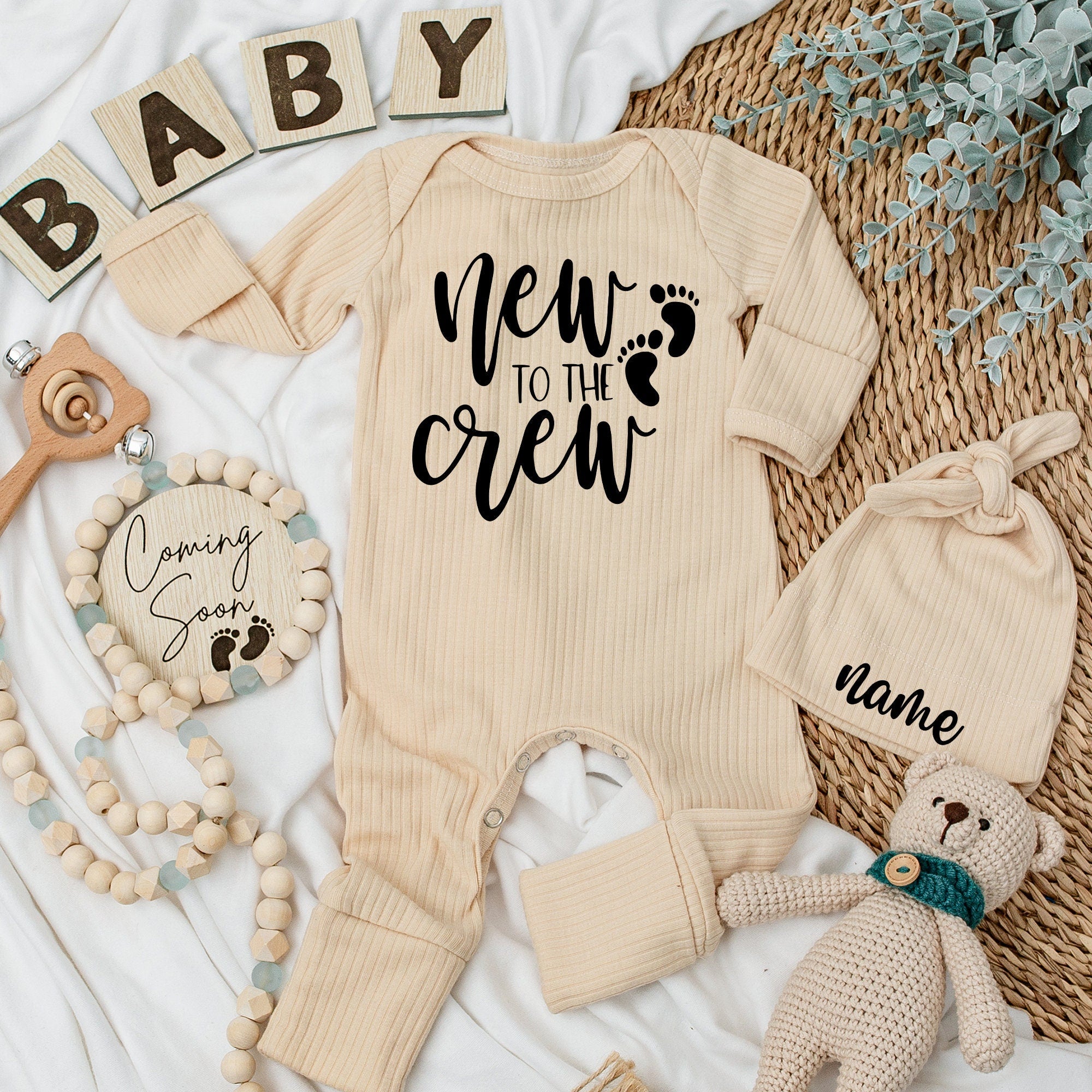 Personalized New to the Crew Baby Bodysuit Set Cute Minimalist Design Gift for Baby Shower Soft Cotton Infant Outfit with Black Footprints