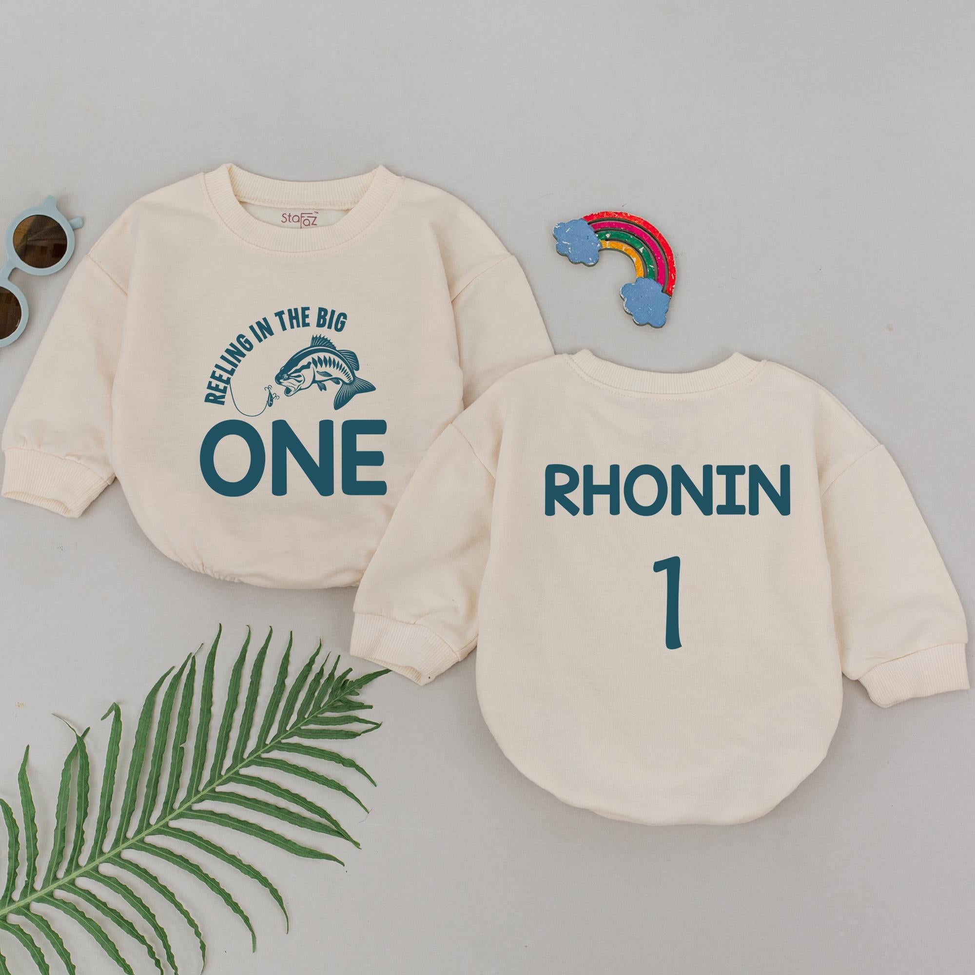 Personalized Reeling in the Big One Fishing Romper for Baby's 1st Birthday Celebration Soft Cotton Family Matching Outfit Teal Design