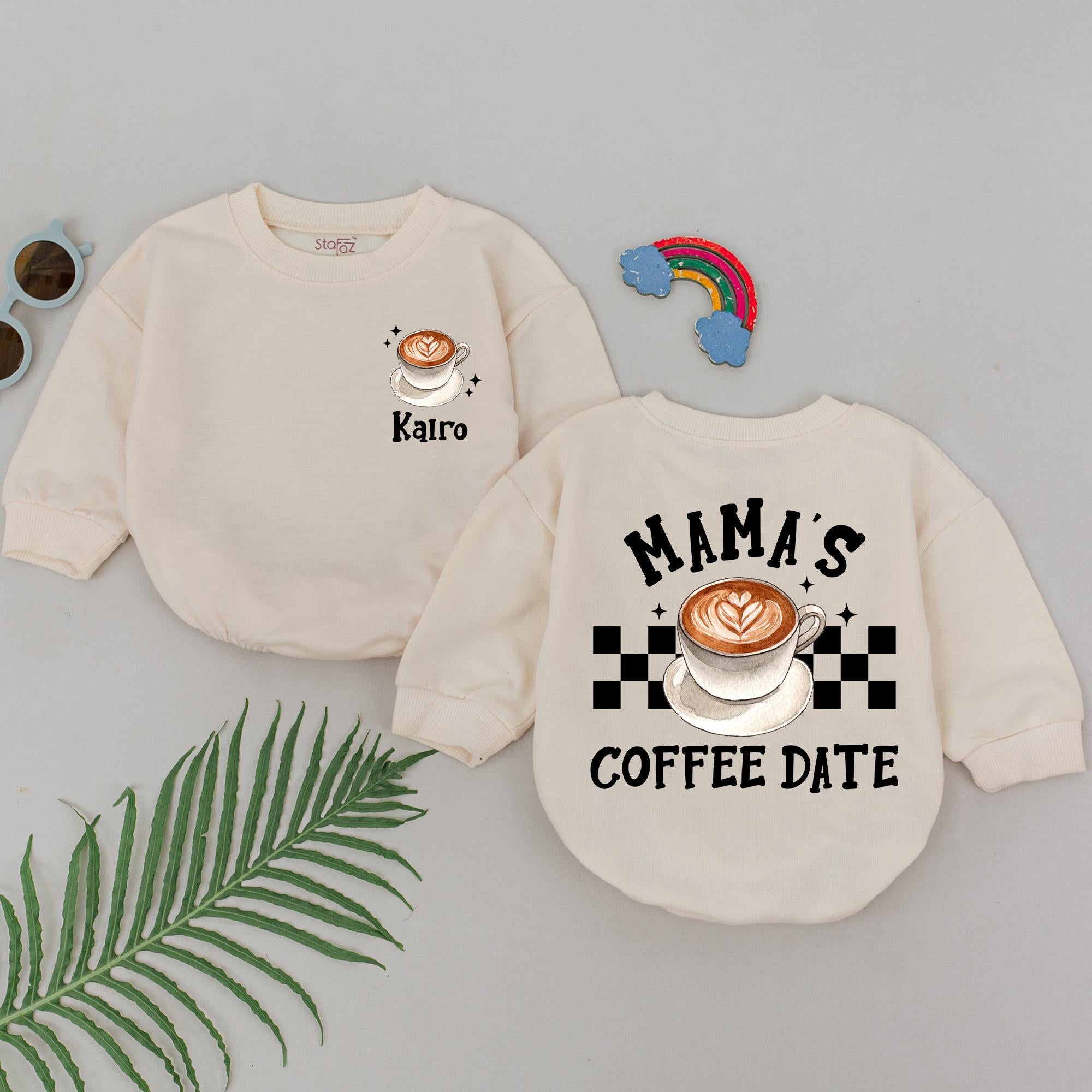 Personalized Mama's Coffee Date Romper Latte Art Baby Girl Outfit Cozy Checkered Design Mother's Day Gift Infant Shower Present