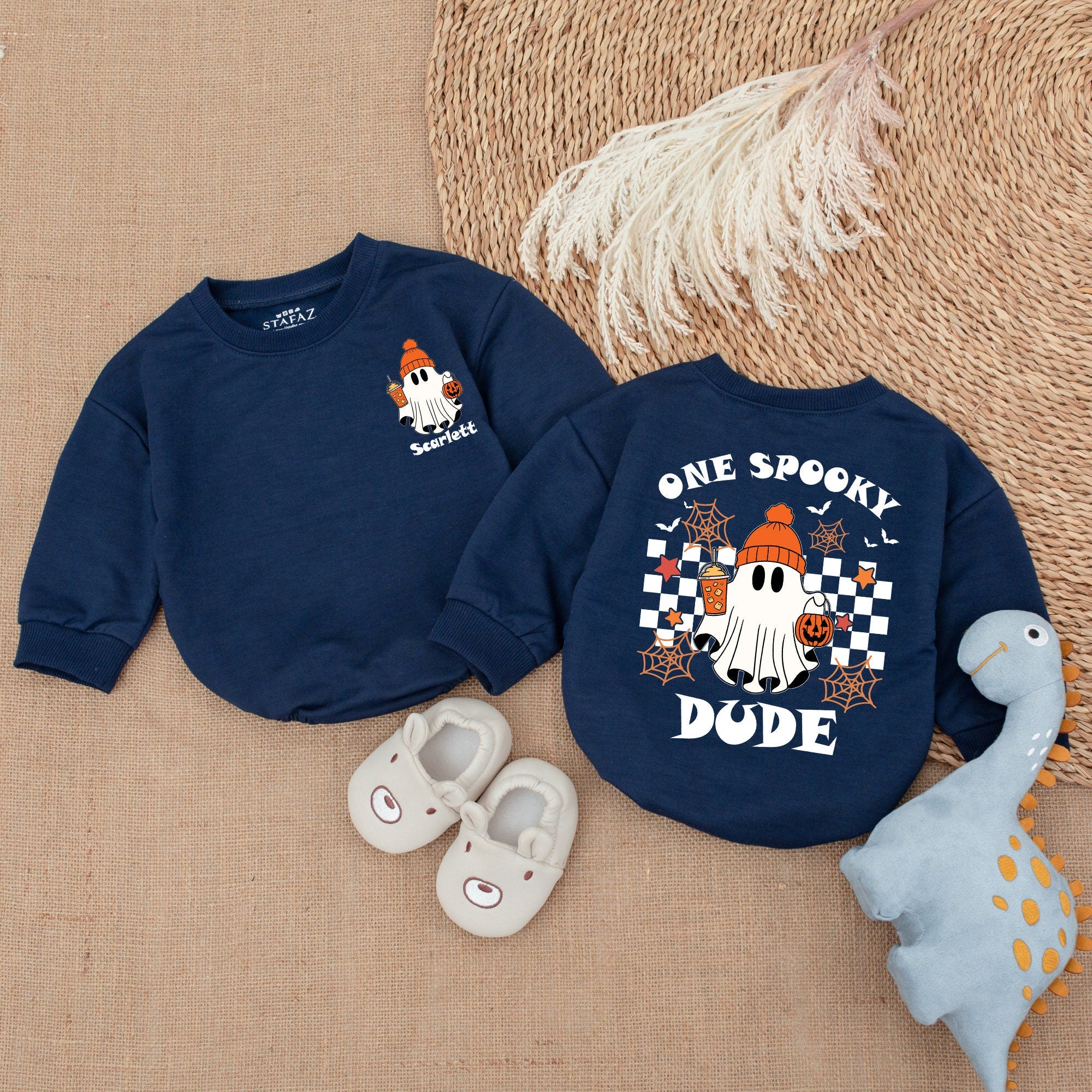 One Spooky Dude Halloween Baby Romper Retro Ghost Outfit with Pumpkin Beanie Checkered Pattern Soft Cotton First Halloween
