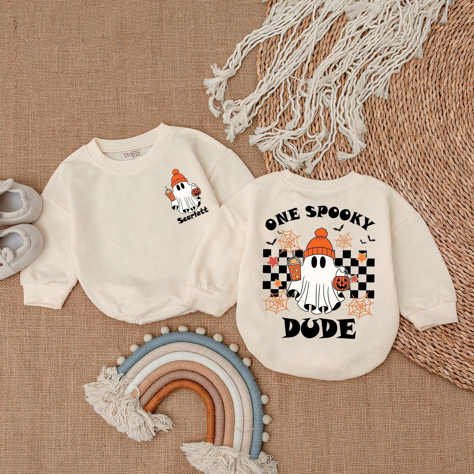 One Spooky Dude Halloween Baby Romper Retro Ghost Outfit with Pumpkin Beanie Checkered Pattern Soft Cotton First Halloween