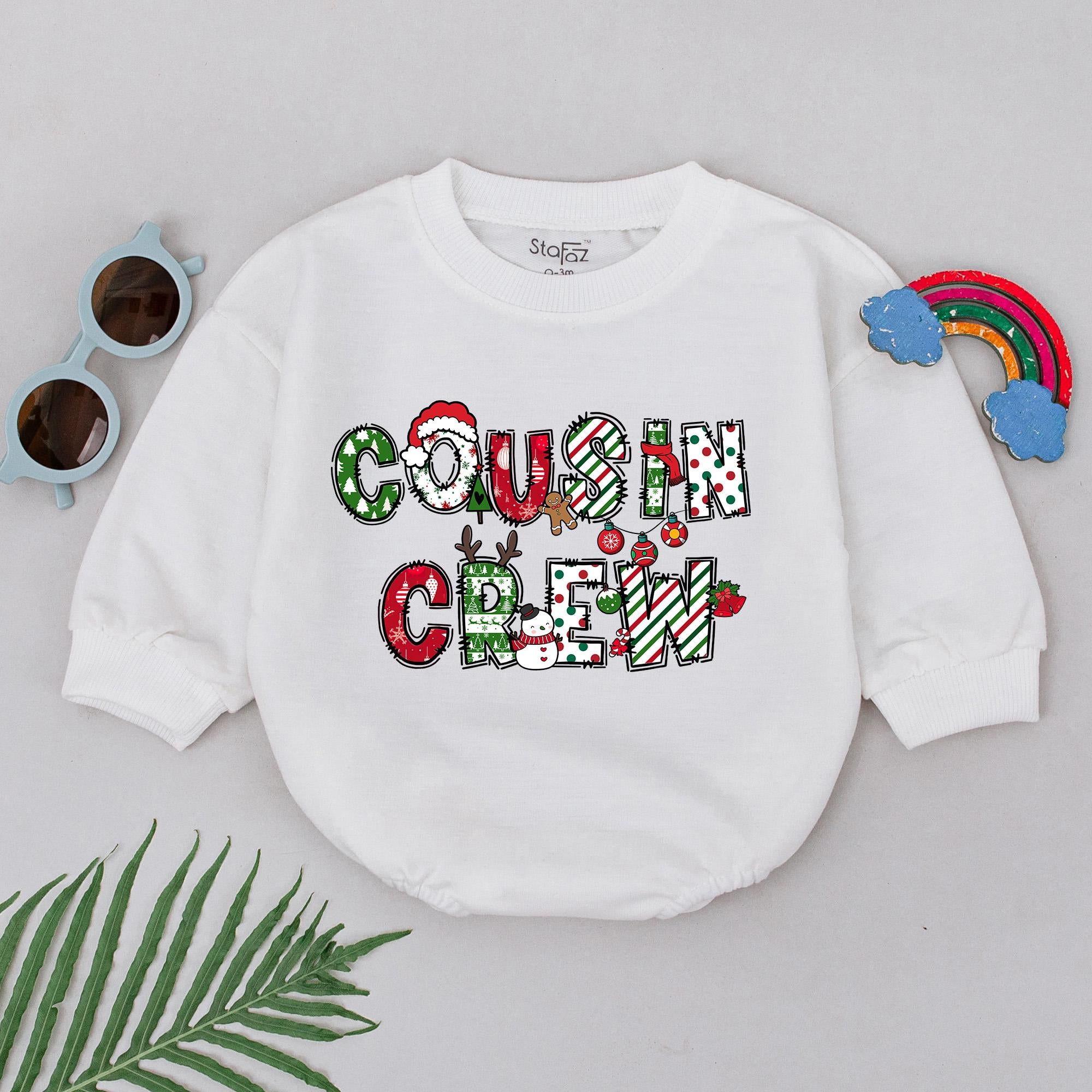 Cousin Crew Christmas Romper Baby's 1st Holiday Outfit Festive Retro Design Infant Bodysuit Gift with Santa Hats and Reindeer Antlers