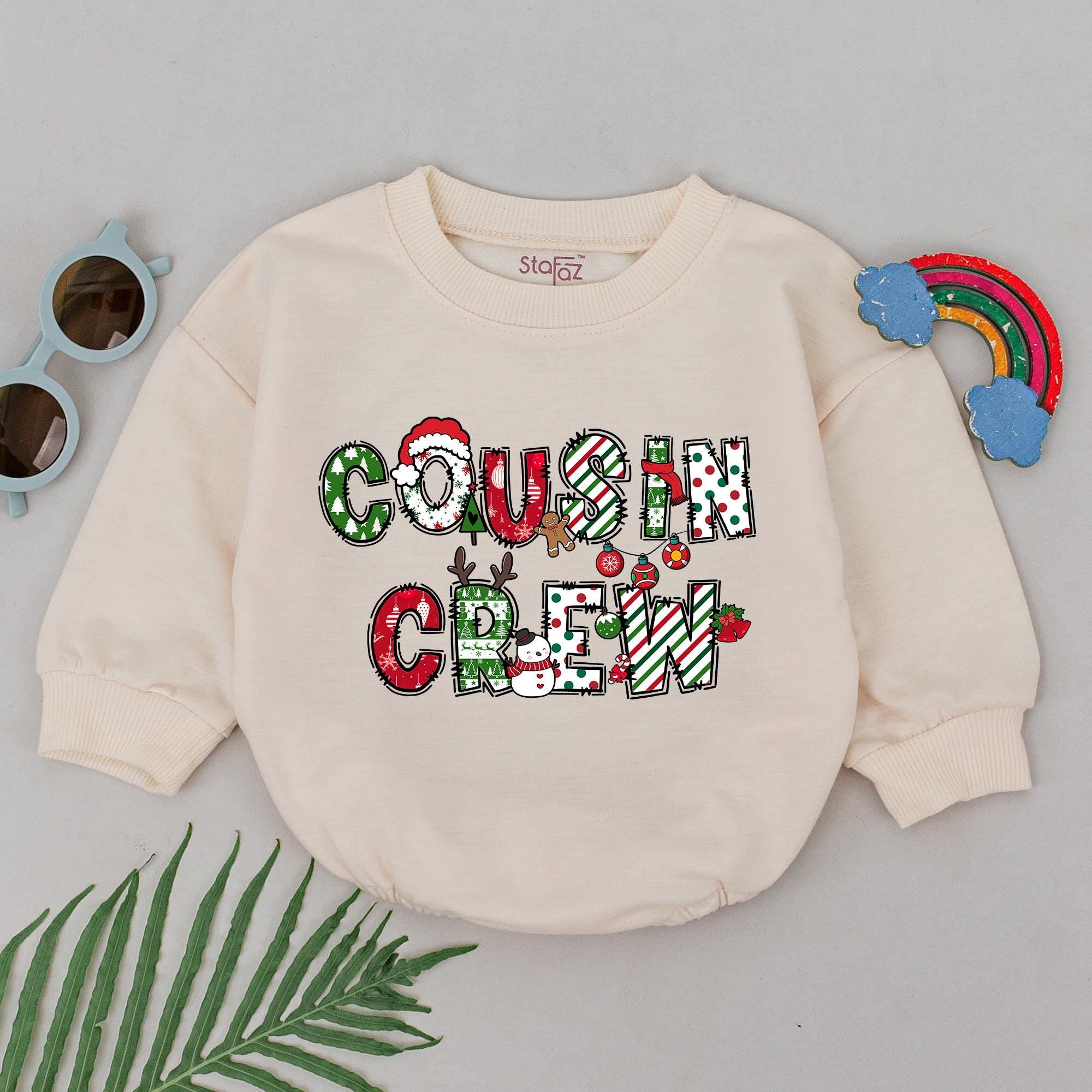 Cousin Crew Christmas Romper Baby's 1st Holiday Outfit Festive Retro Design Infant Bodysuit Gift with Santa Hats and Reindeer Antlers