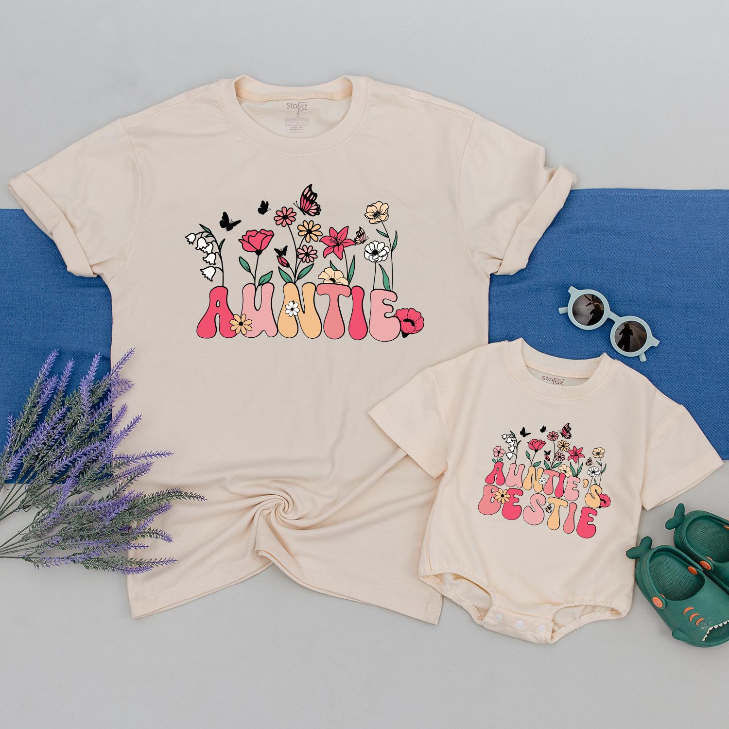 Custom Auntie and Bestie Wildflower Shirts Matching Family Gift Colorful Butterfly Design Kid's Birthday Cotton Outfit