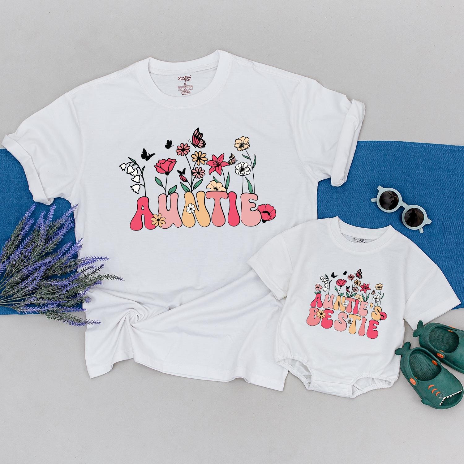 Custom Auntie and Bestie Wildflower Shirts Matching Family Gift Colorful Butterfly Design Kid's Birthday Cotton Outfit