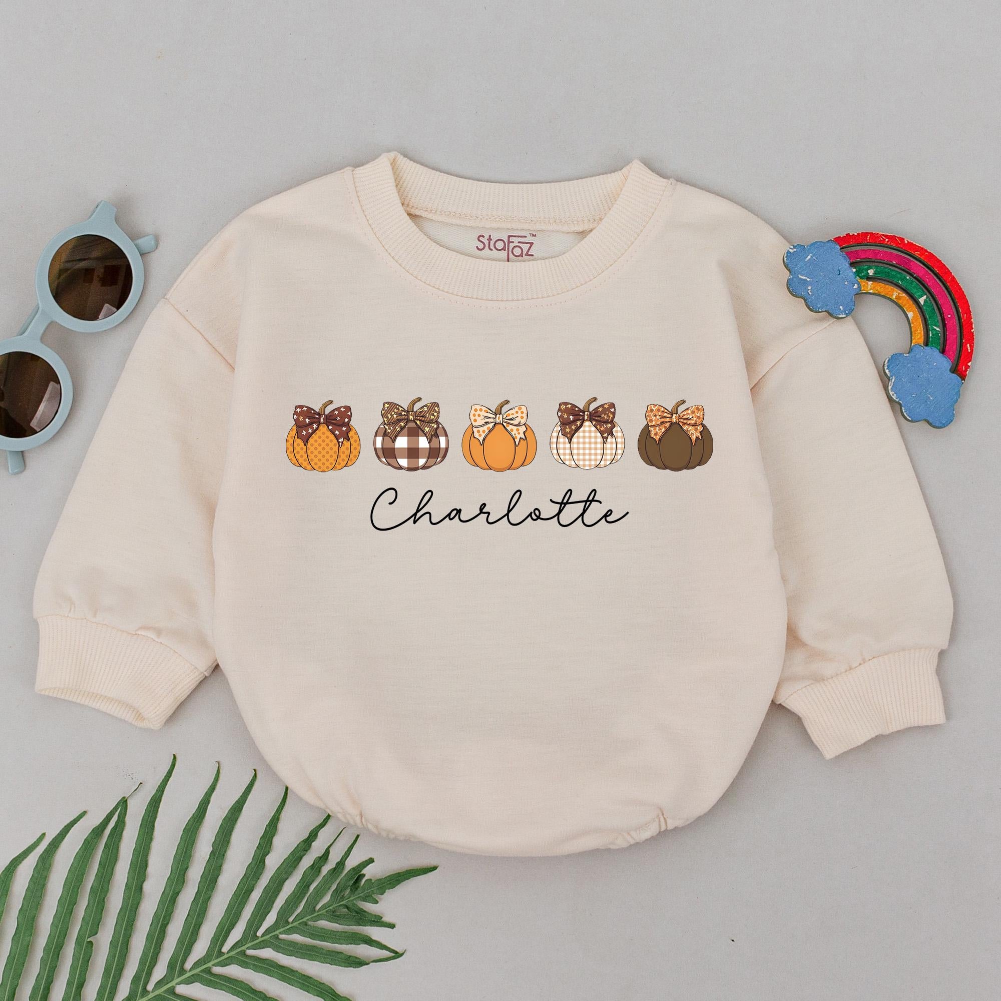 Personalized Pumpkin Romper for Baby Girls Custom Name Autumn Outfit Thanksgiving Gift Soft Cotton Fall Design