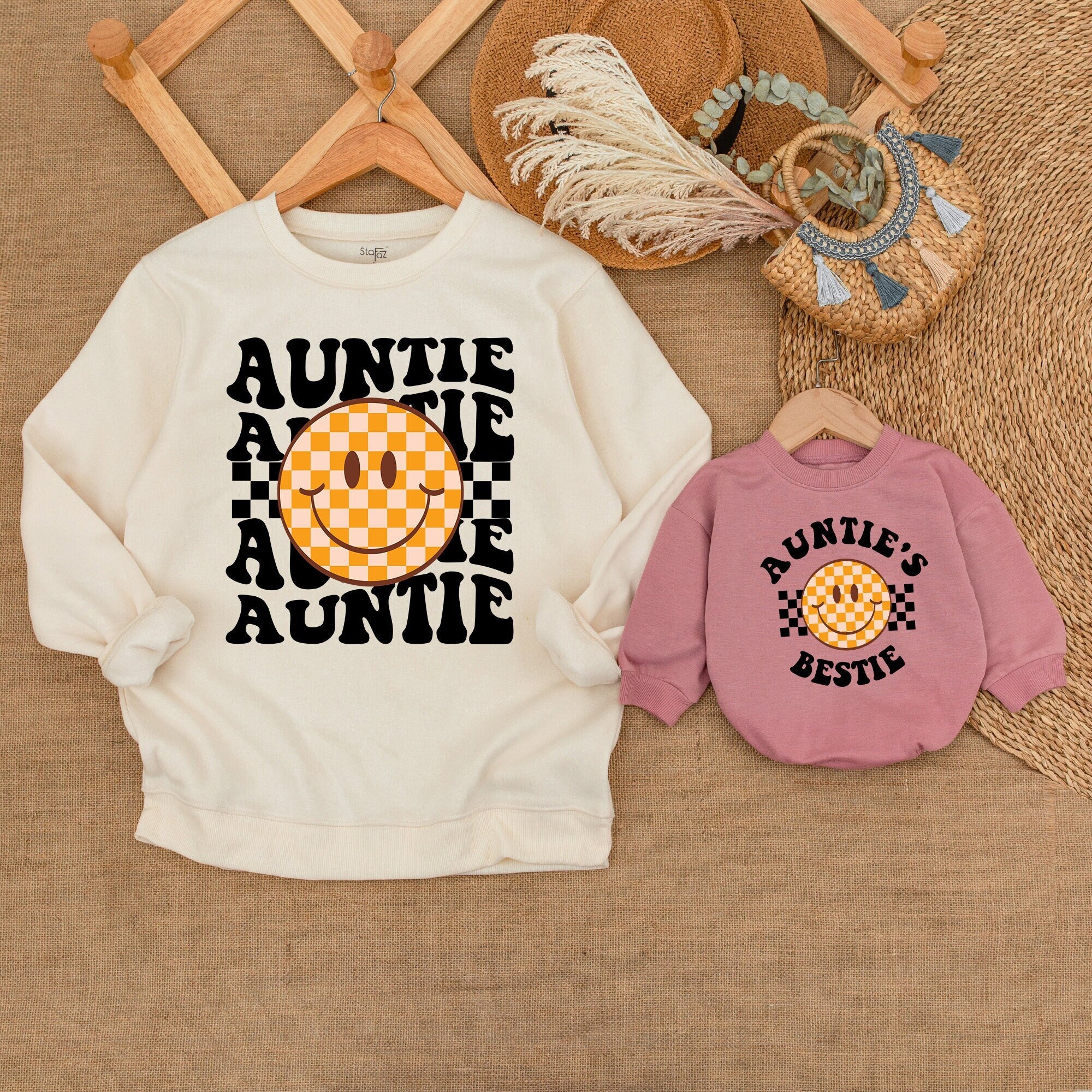 Auntie and Me Matching Retro Smiley Sweatshirts for Baby and Toddler Cozy Cotton Outfit Fun Family Style Gift for Niece or Nephew