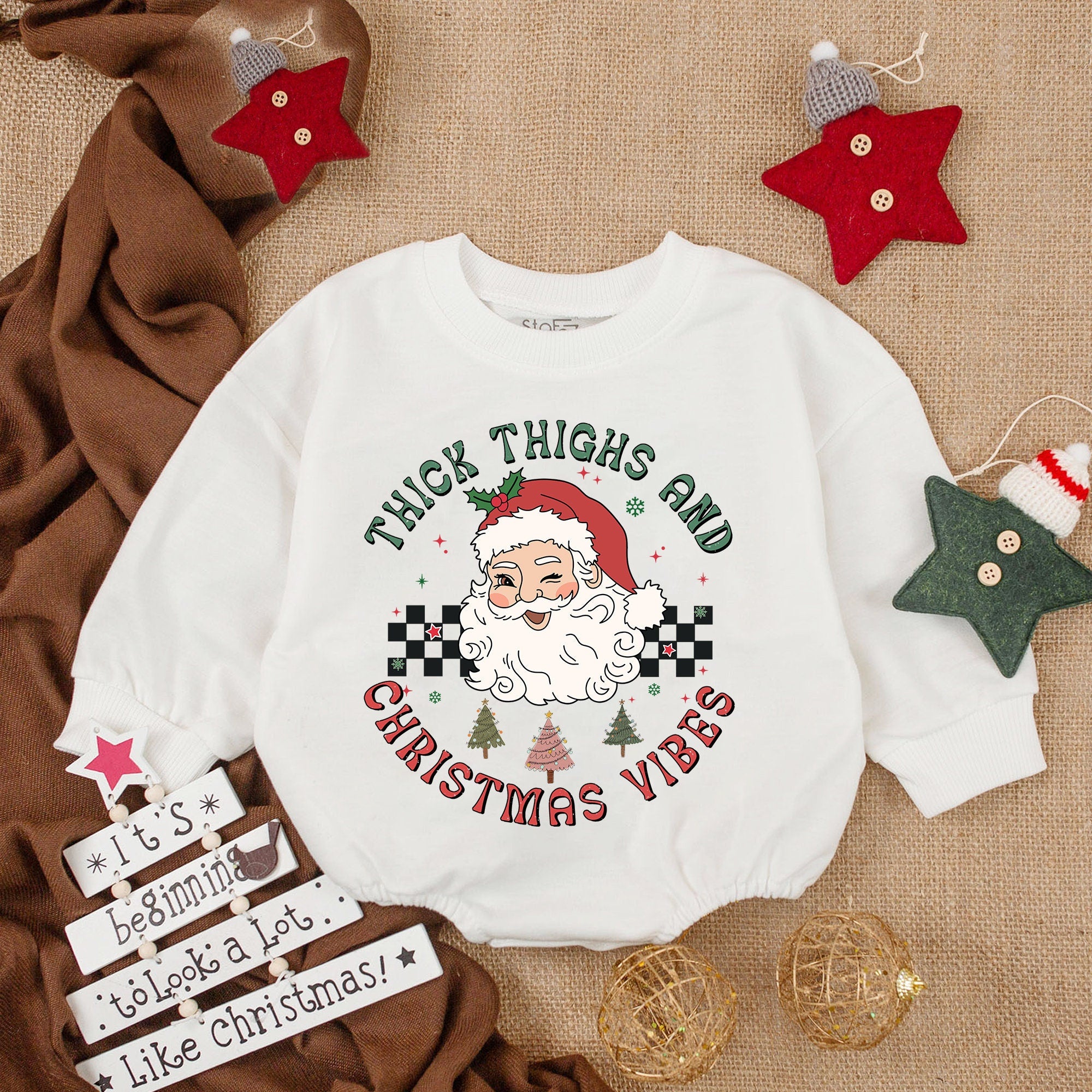 Retro Santa Baby Romper Thick Thighs Christmas Vibes Infant Bodysuit Holiday Gift Soft Cotton Festive Outfit for Baby's First Christmas