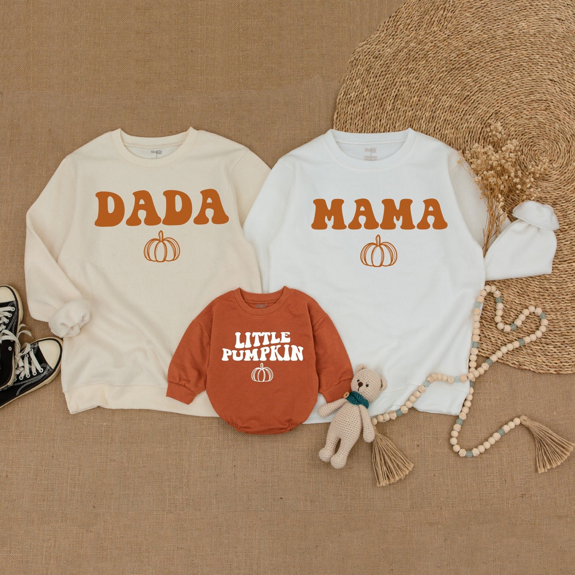 Fall Family Matching Sweatshirts with Pumpkin Design Cozy Thanksgiving Outfit for Mama Dada Little Pumpkin Autumn Soft Cotton Sweaters