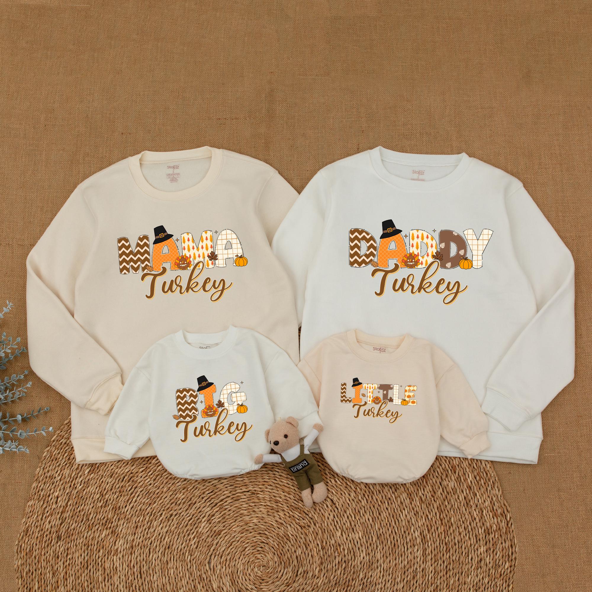 Thanksgiving Family Matching Sweatshirts Mama Daddy Little Turkey Festive Fall Outfit Custom Names Toddler Baby Kids Autumn Holiday Gift