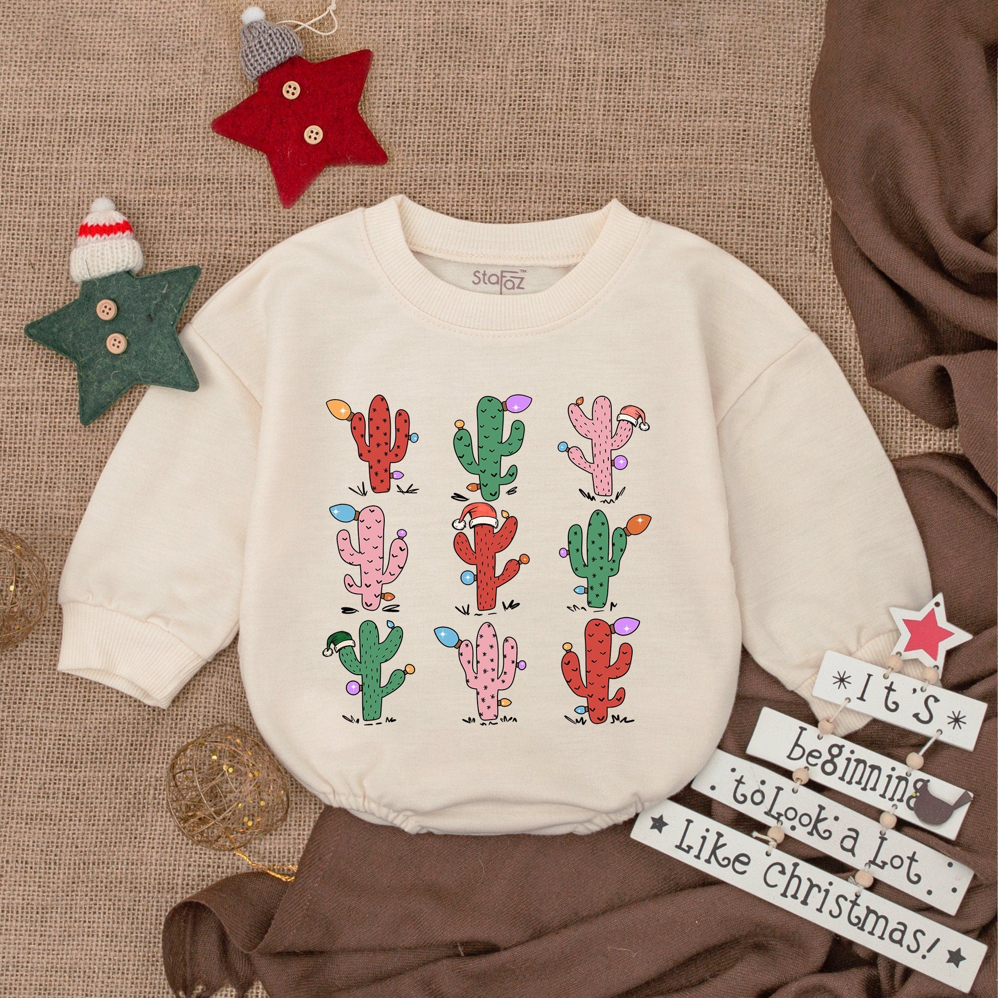 Festive Cactus Baby Romper with Colorful Holiday Lights Christmas Outfit Newborn's First Holiday Soft Cotton Fun and Whimsical Design
