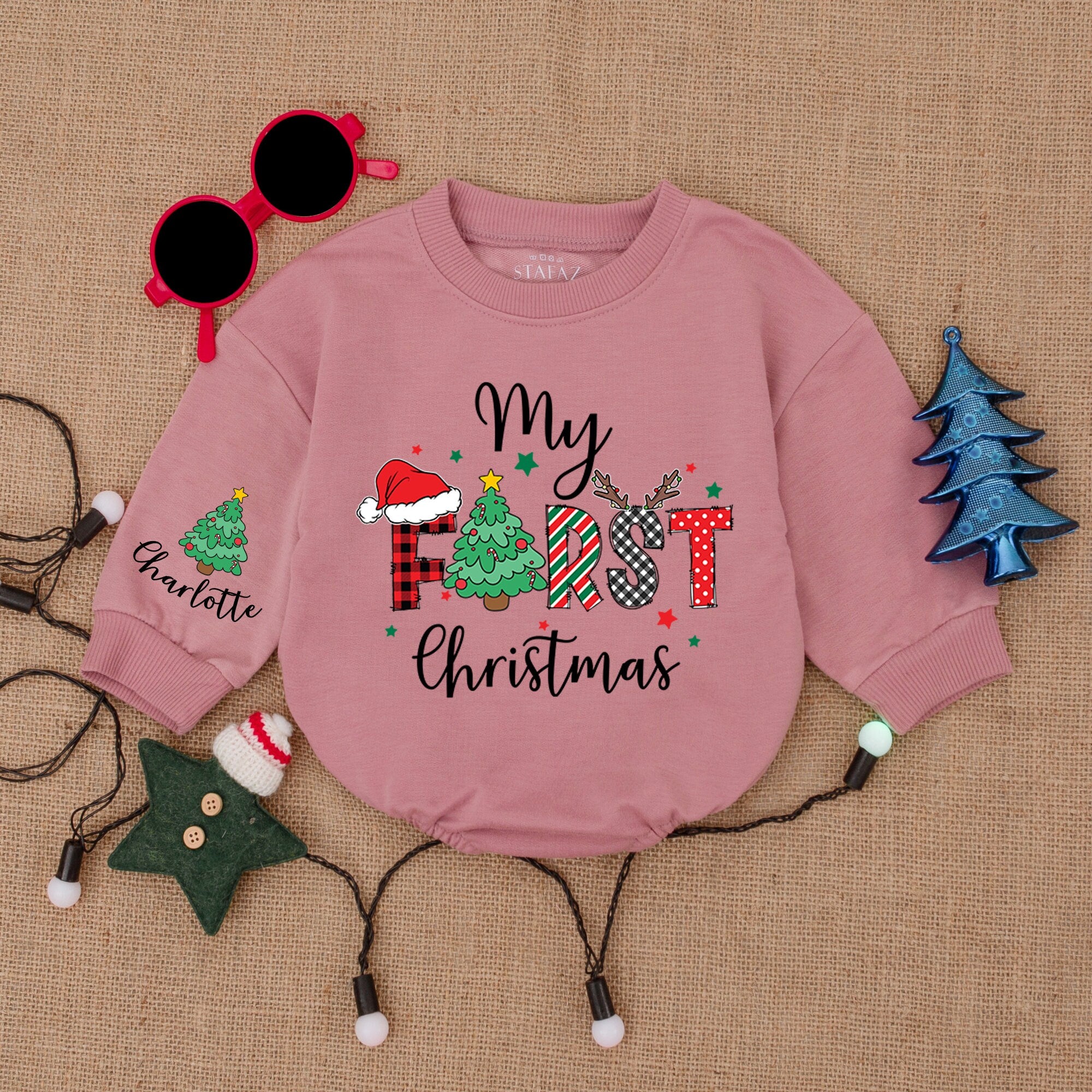 Custom Name My First Christmas Bodysuit Infant Baby Holiday Outfit Festive Design with Santa Hat Personalized Romper Gift for Baby Shower
