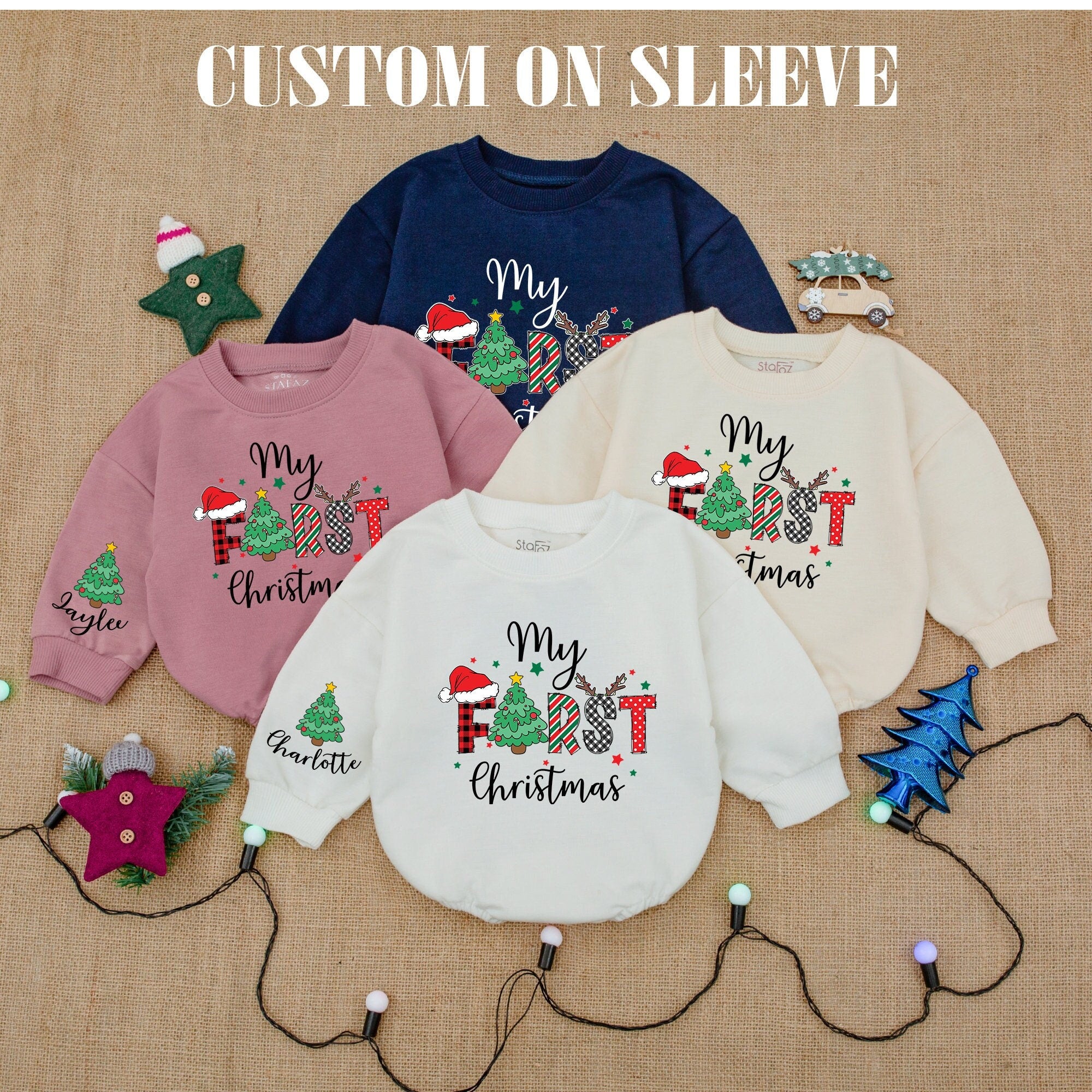 Custom Name My First Christmas Bodysuit Infant Baby Holiday Outfit Festive Design with Santa Hat Personalized Romper Gift for Baby Shower