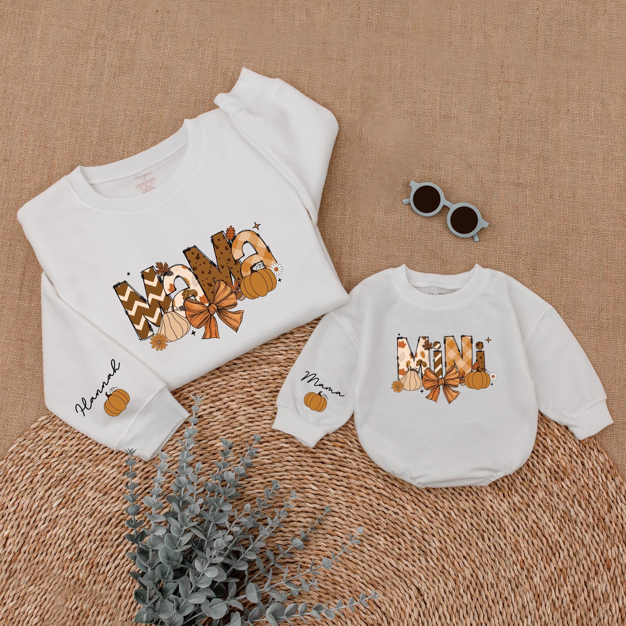 Custom Mama and Mini Fall Sweater Thanksgiving Matching Outfit Autumn Bow Pumpkin Leaf Design Toddler Girl Mom Cozy Family Gift