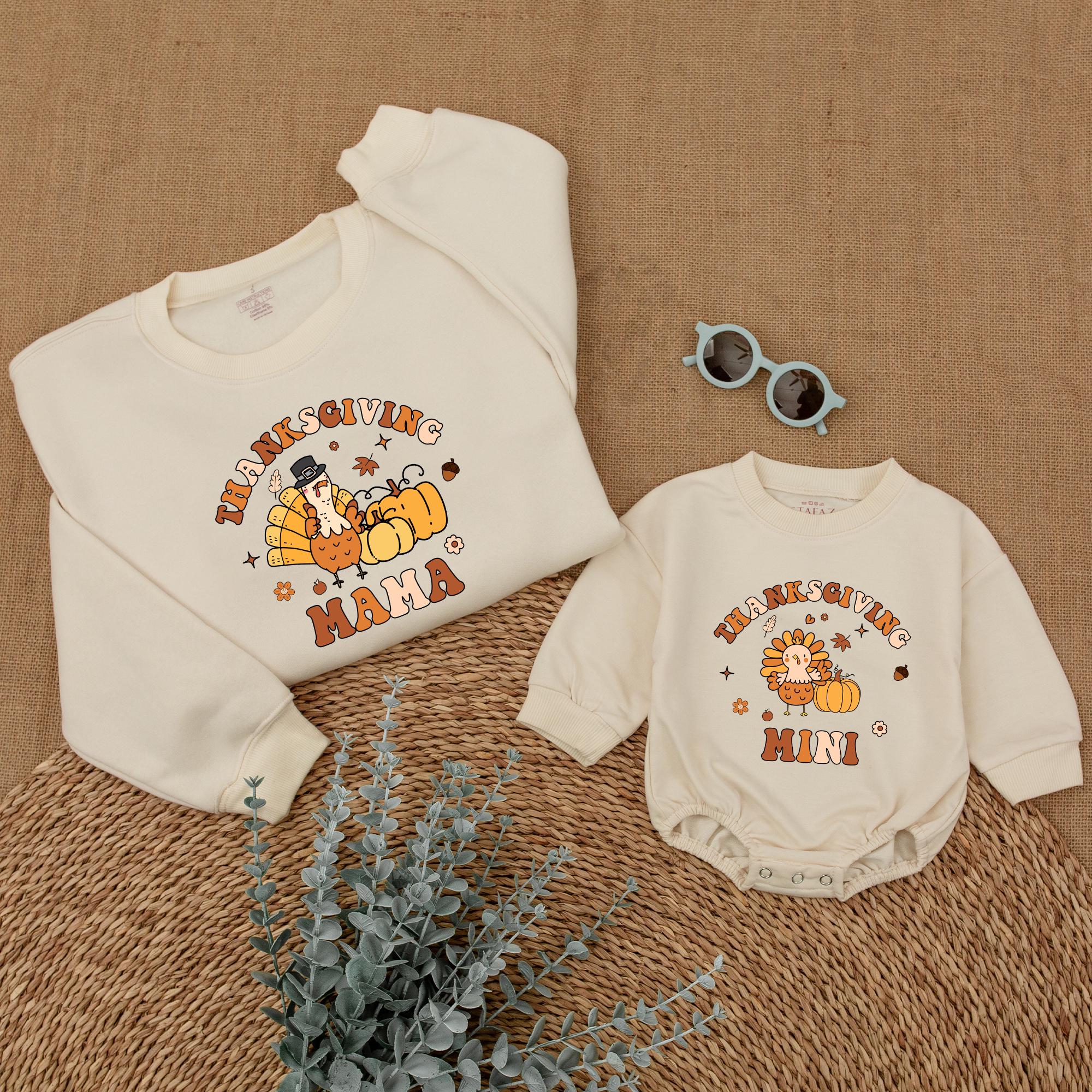 Thanksgiving Mama and Mini Sweatshirt Cozy Fall Turkey Design Matching Family Outfits Autumn Leaves Pumpkins Soft Cotton Holiday Gift