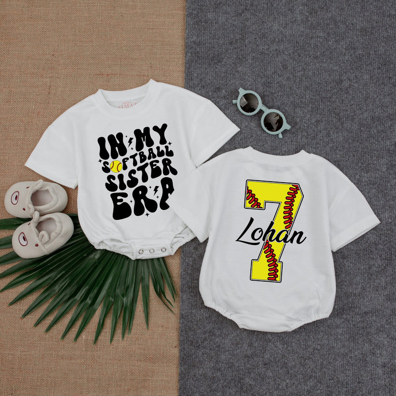 Custom Softball Sister Era Baby Romper with Name & Number, Toddler Girl Long Sleeve Outfit for Game Day, Soft Cotton Newborn Clothes