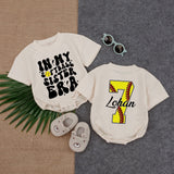 Custom Softball Sister Era Baby Romper with Name & Number, Toddler Girl Long Sleeve Outfit for Game Day, Soft Cotton Newborn Clothes
