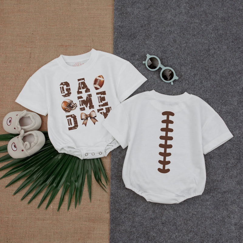 Game Day Football Texture Baby Romper with Bow Playful Laces Design Short Sleeve Newborn Outfit for Gameday or Birthday Celebration