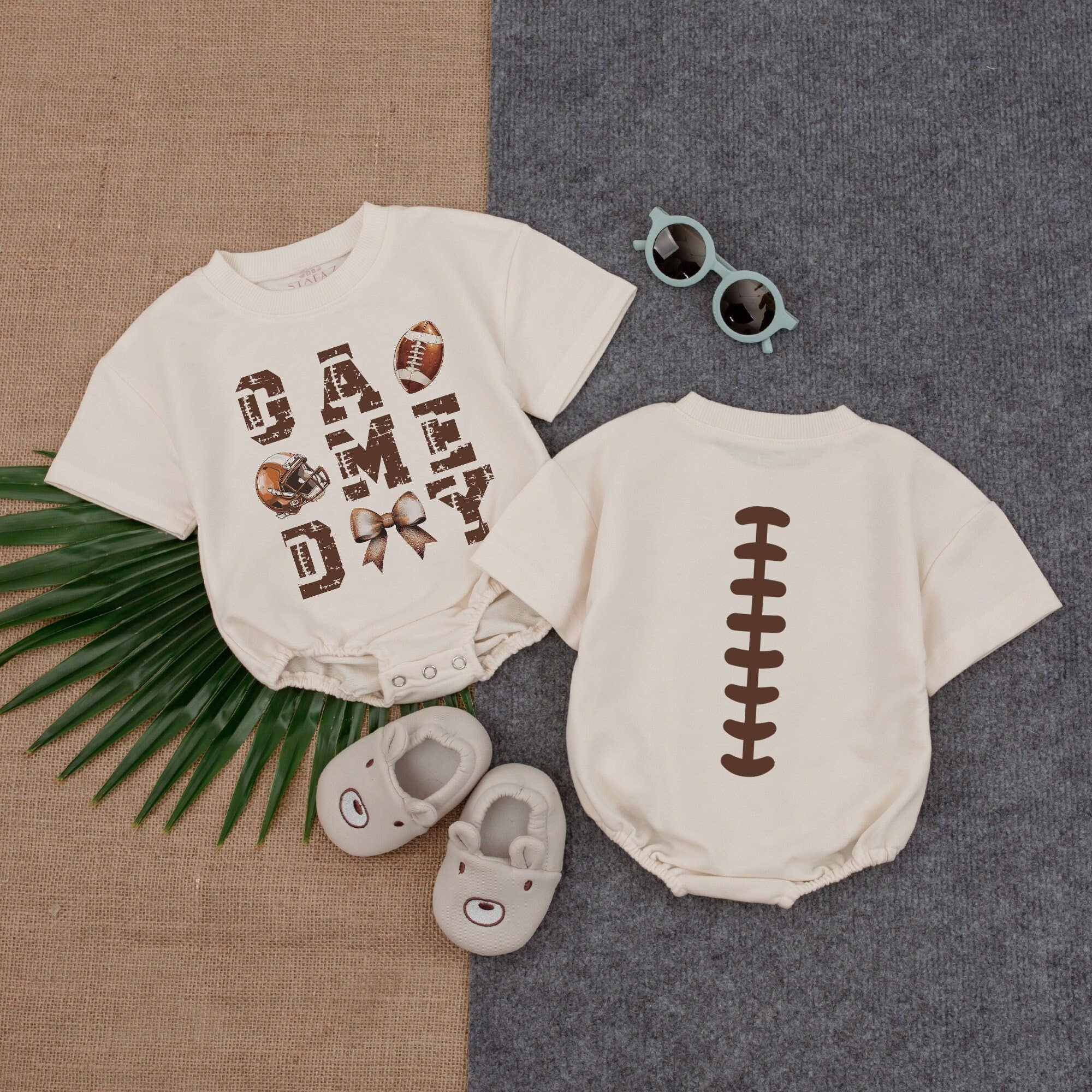 Game Day Football Texture Baby Romper with Bow Playful Laces Design Short Sleeve Newborn Outfit for Gameday or Birthday Celebration