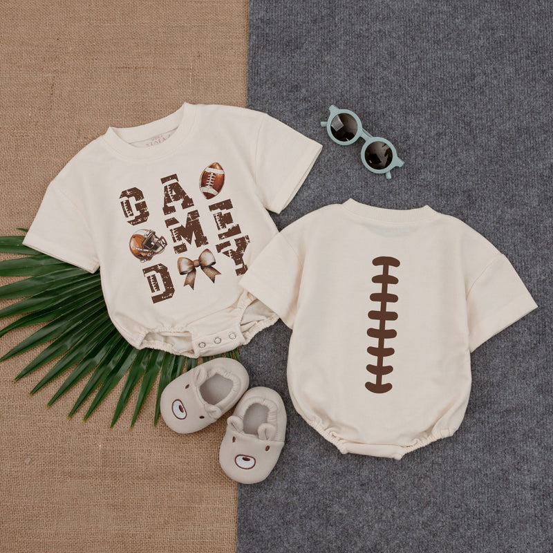 Game Day Football Texture Baby Romper with Bow Playful Laces Design Short Sleeve Newborn Outfit for Gameday or Birthday Celebration