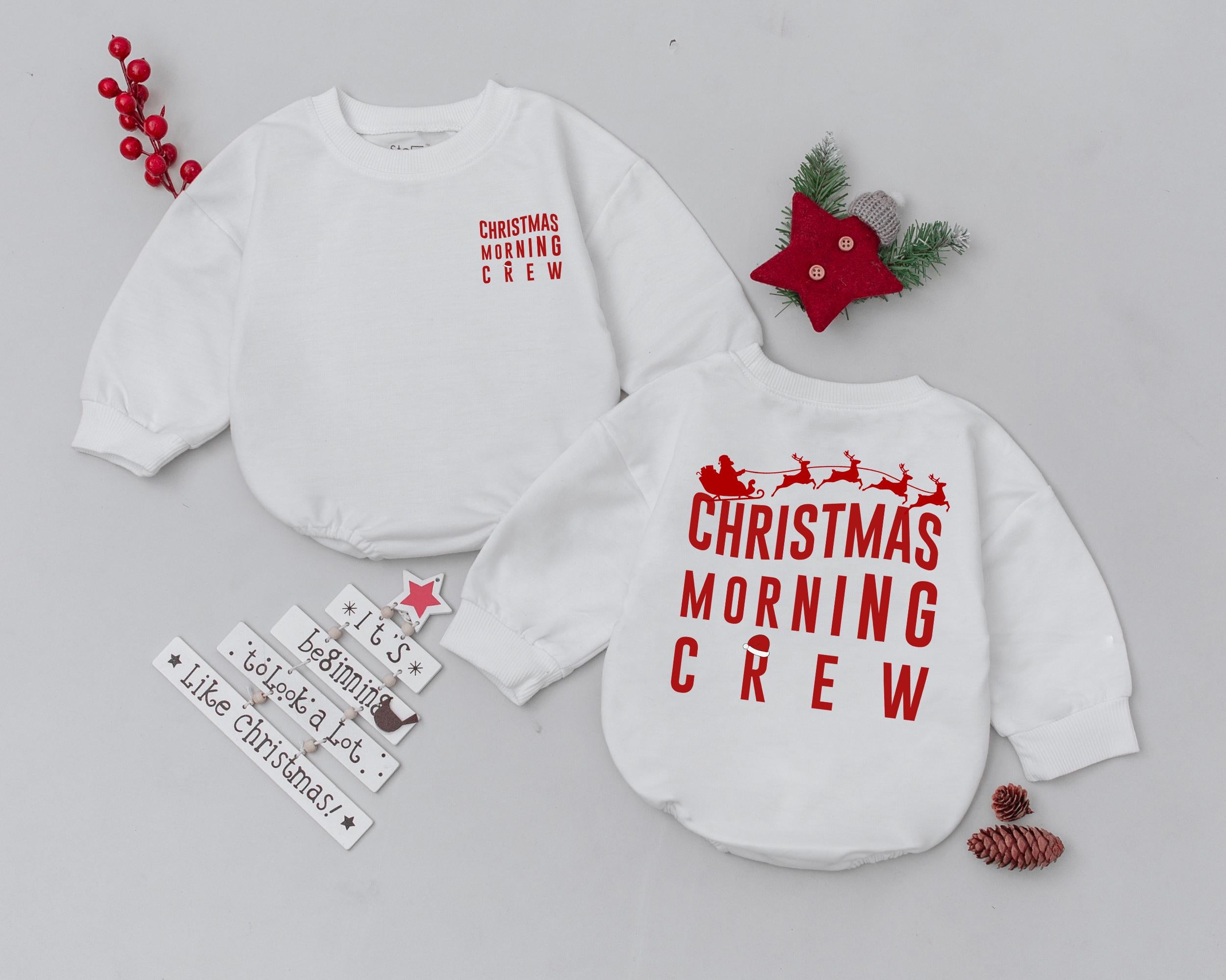 Christmas Morning Crew Baby Romper with Santa Sleigh First Holiday Outfit Newborn Bodysuit Festive Gift Soft Cotton Red Design