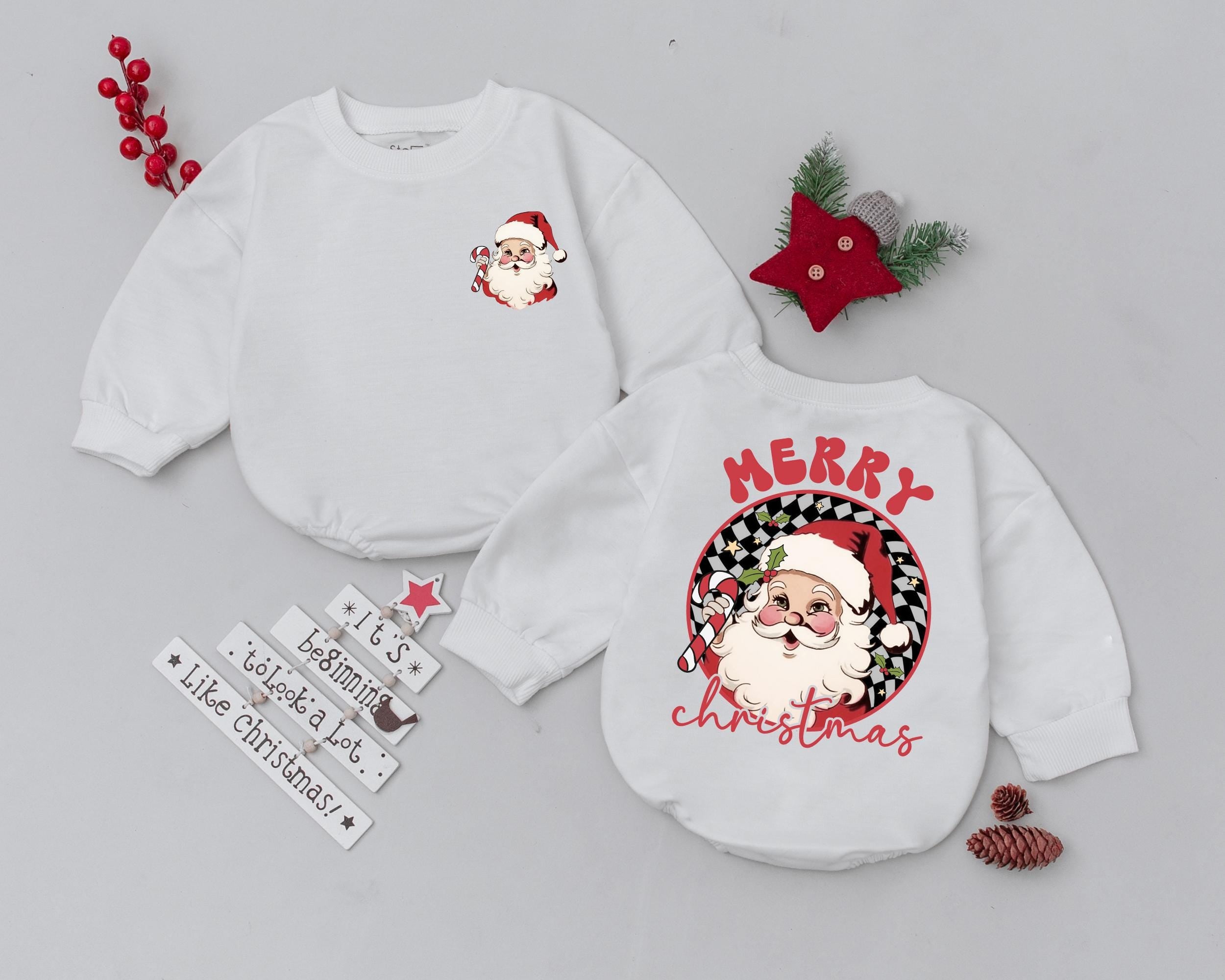 Vintage Santa Baby Romper Retro First Christmas Outfit Newborn Xmas Clothes Festive Gift Checkered Pattern Holiday Baby Shower