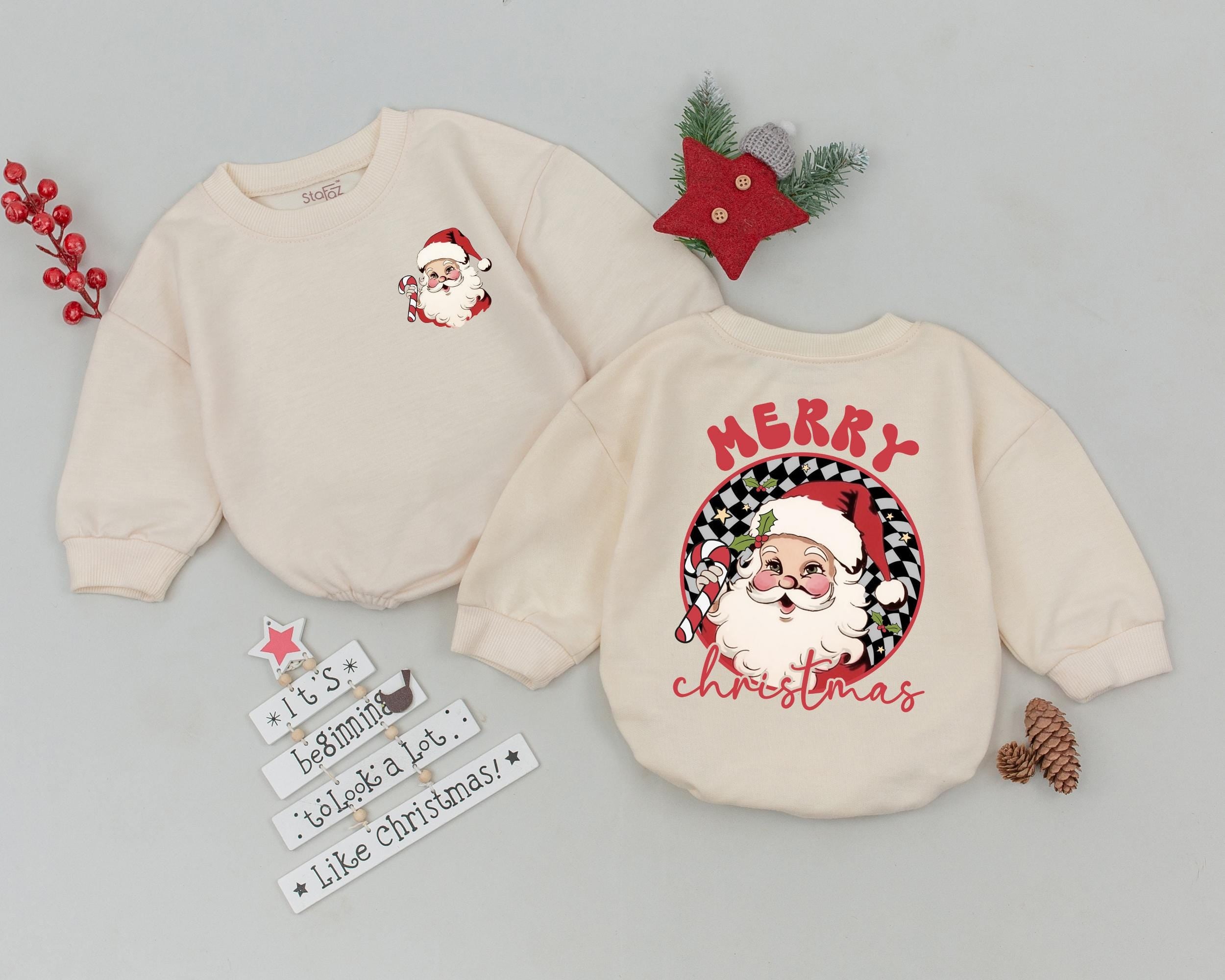 Vintage Santa Baby Romper Retro First Christmas Outfit Newborn Xmas Clothes Festive Gift Checkered Pattern Holiday Baby Shower