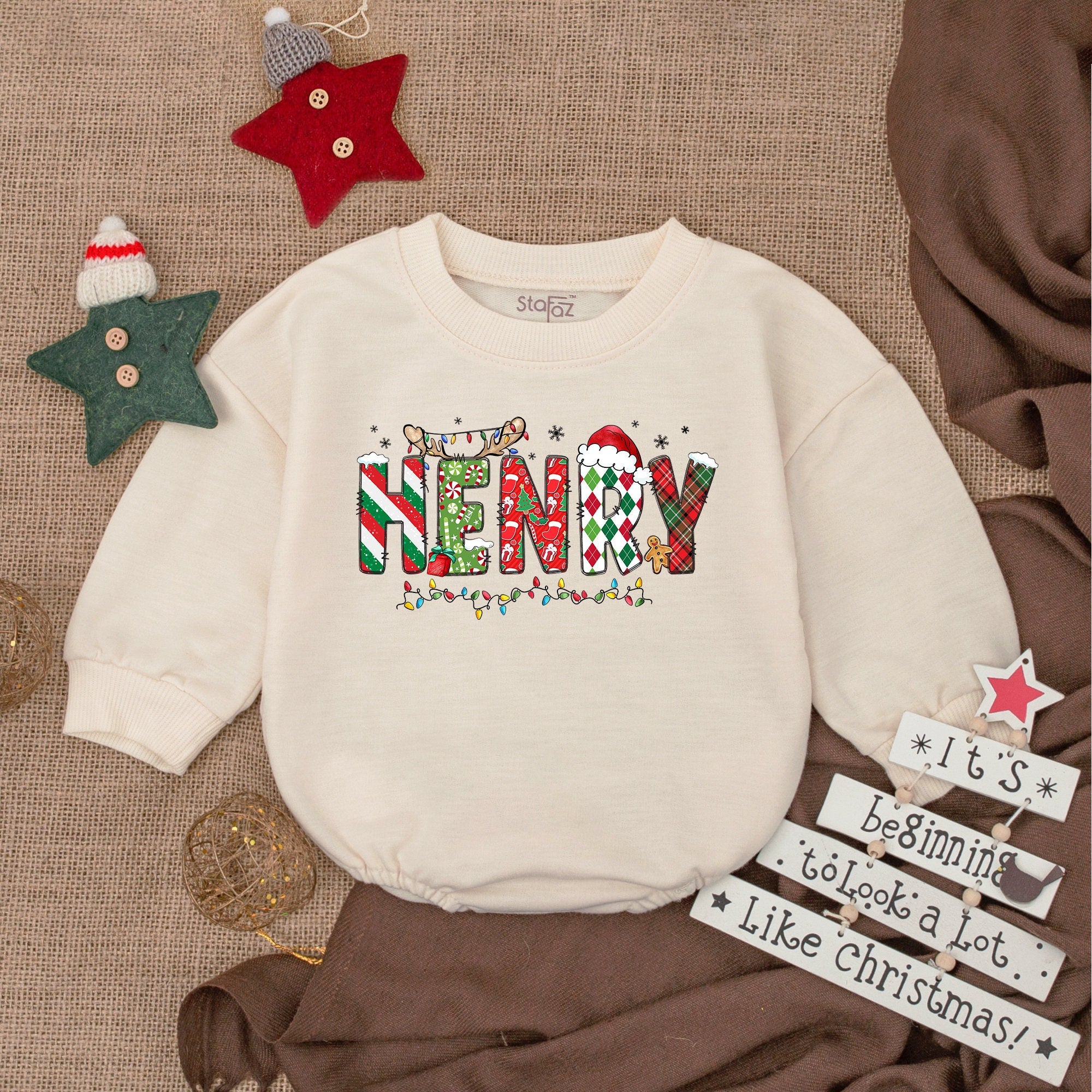 Custom Baby Romper with Henry Festive Christmas Design Santa Hat Stripes Polka Dots Plaid Holiday Outfit Soft Cotton Newborn Bodysuit