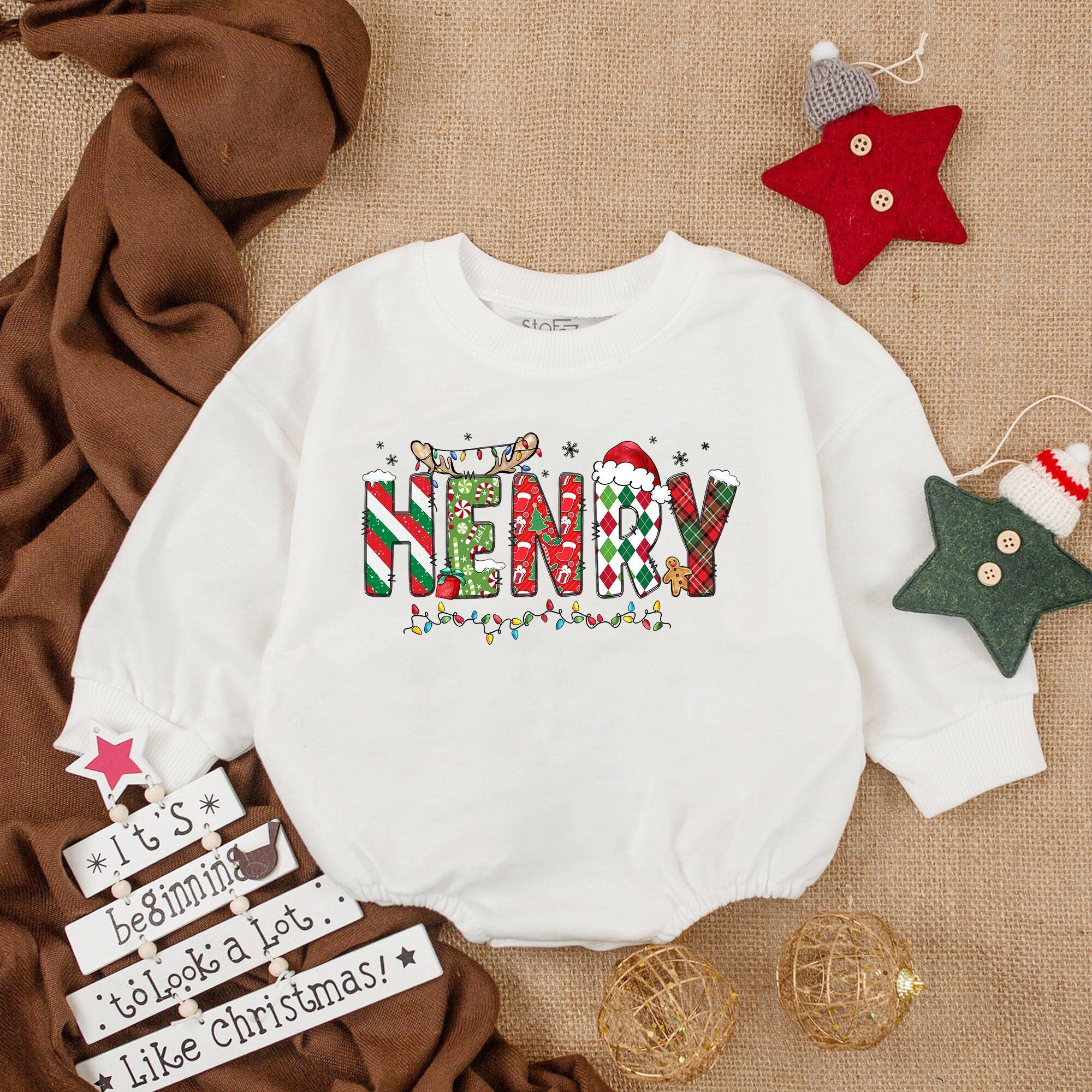 Custom Baby Romper with Henry Festive Christmas Design Santa Hat Stripes Polka Dots Plaid Holiday Outfit Soft Cotton Newborn Bodysuit