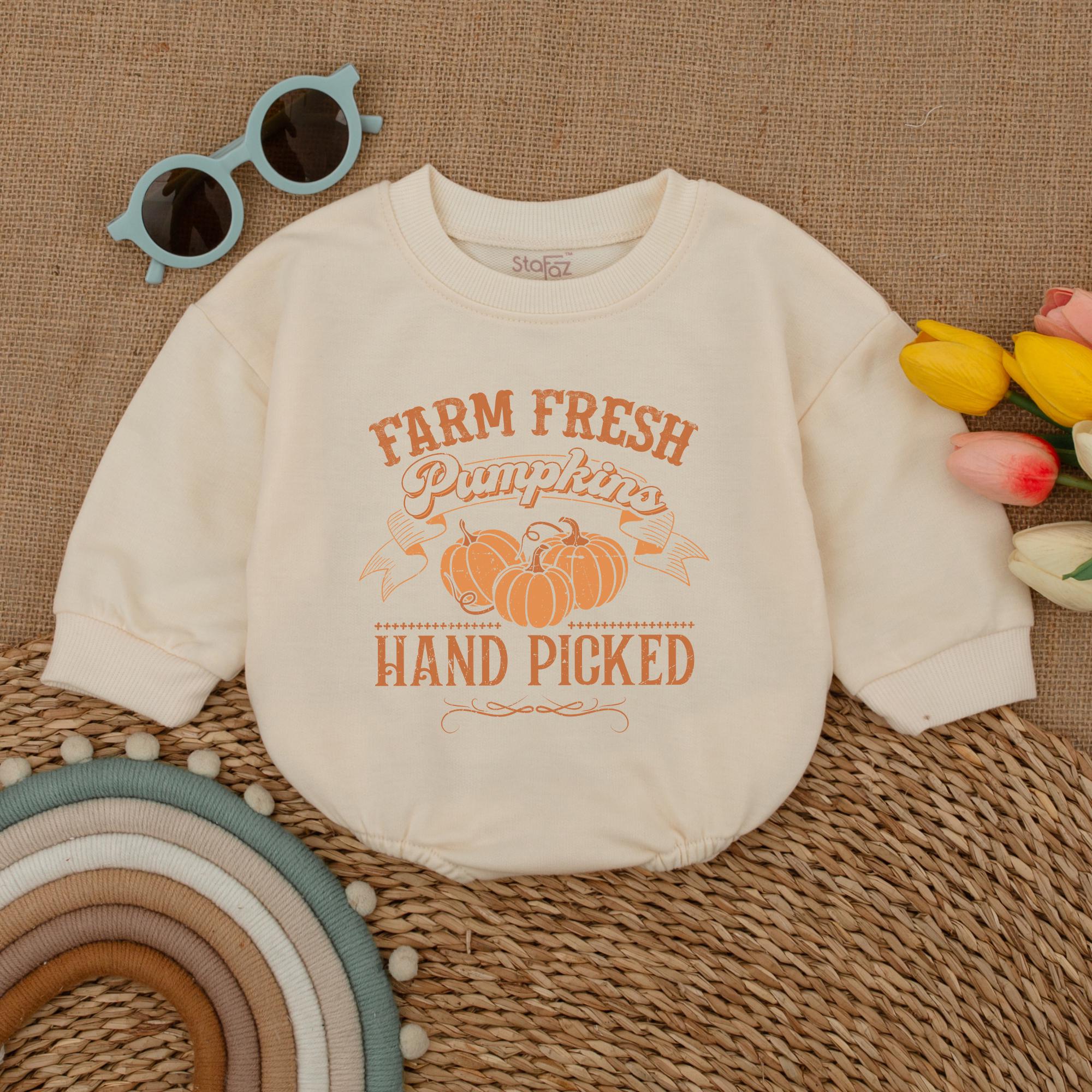 Farm Fresh Pumpkins Hand Picked Baby Romper Retro Thanksgiving Outfit Soft Cotton Autumn Baby Bodysuit Holiday Seasonal Gift