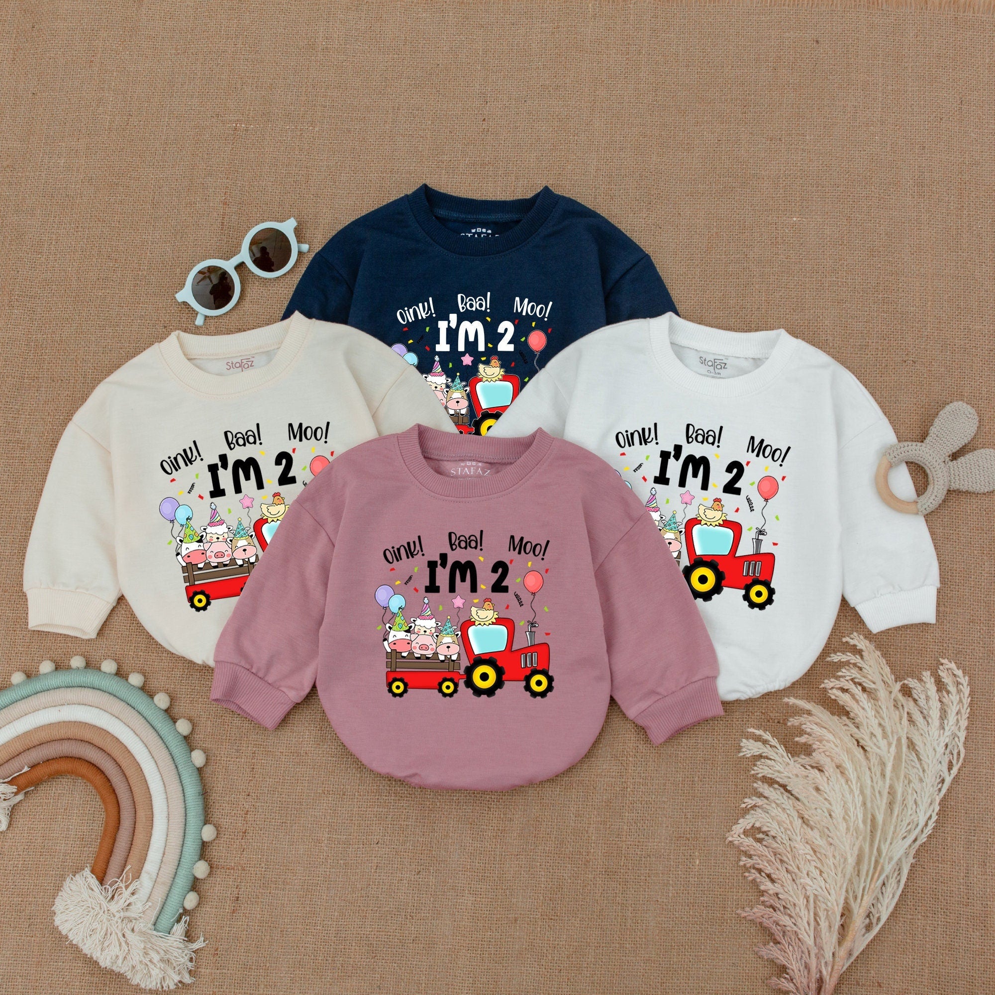 Playful Farm Animal Birthday Romper for Toddlers Red Tractor Cow Pig Sheep Design Soft Cotton Party Outfit for 2nd Birthday Celebration