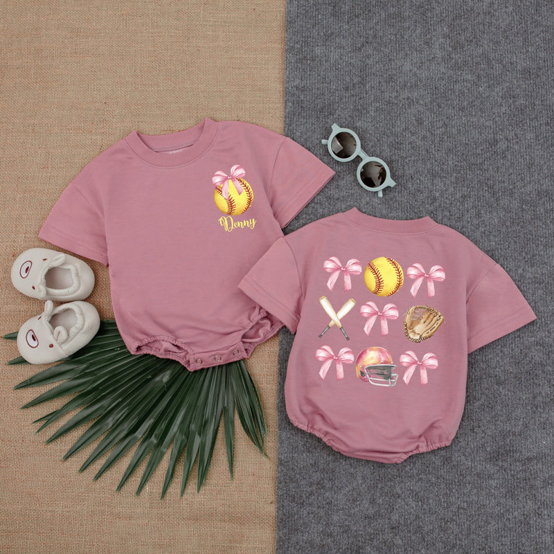 Custom Baby Softball Bubble Romper with Pink Bow Artwork, Short Sleeve Cotton Outfit for Game Day, Birthday Gift, Newborn & Infant Clothes