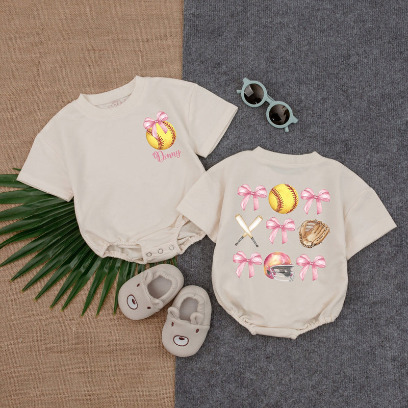 Custom Baby Softball Bubble Romper with Pink Bow Artwork, Short Sleeve Cotton Outfit for Game Day, Birthday Gift, Newborn & Infant Clothes